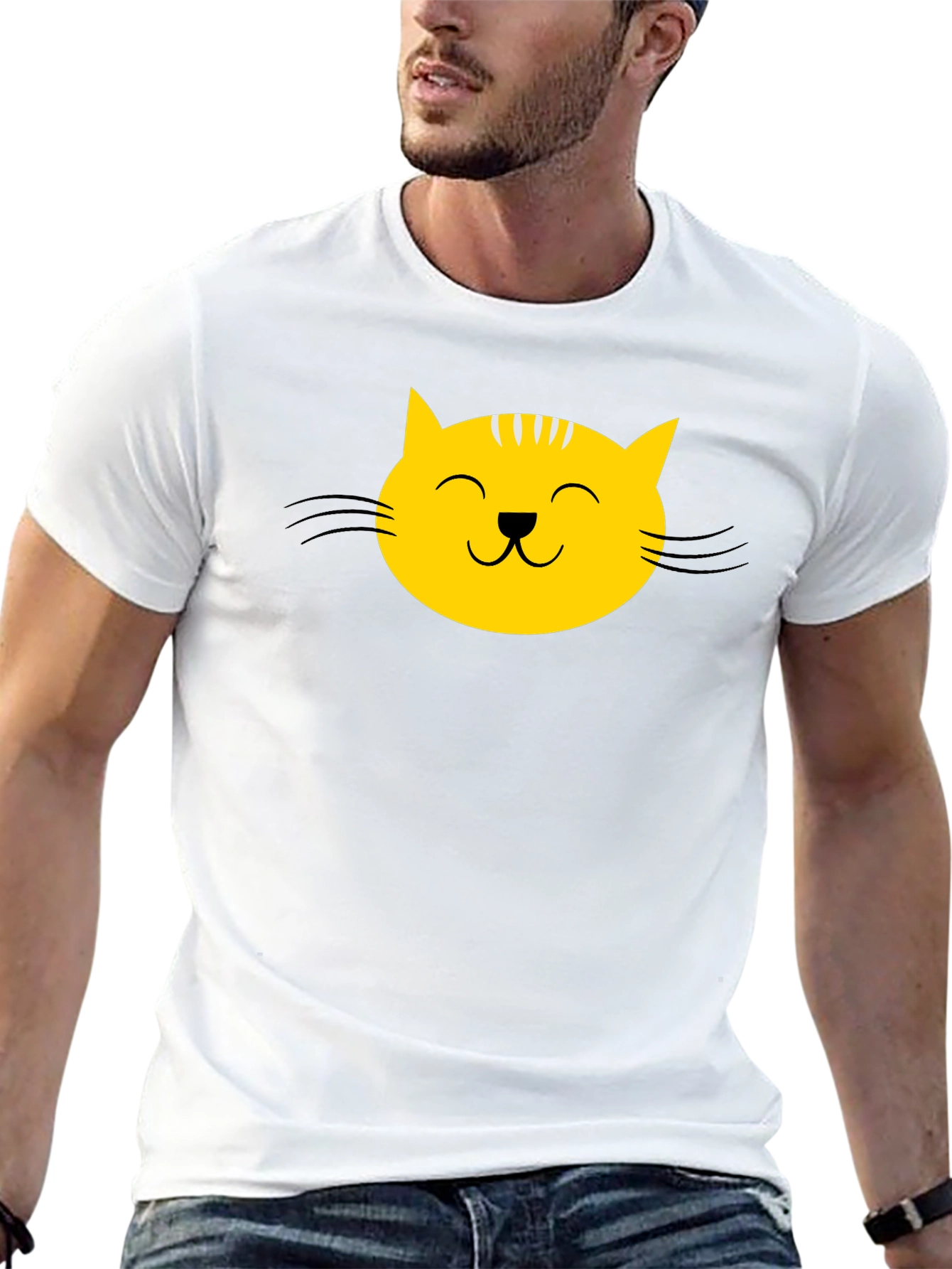 Black T-Shirt with Yellow Cat Face Graphic