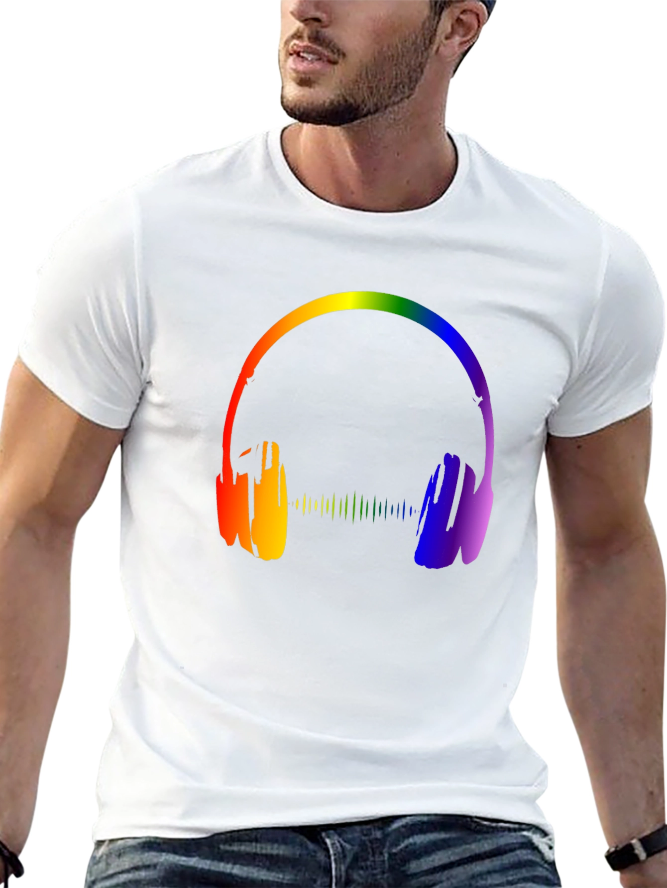 Rainbow Headphones Graphic Black T-Shirt