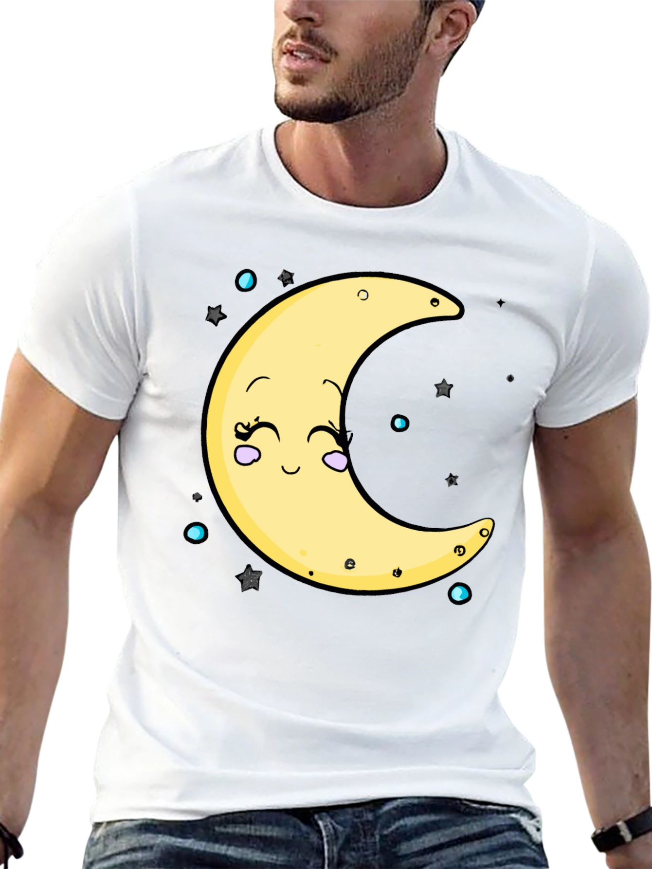 Cute Moon Graphic T-Shirt - Black Cotton Blend