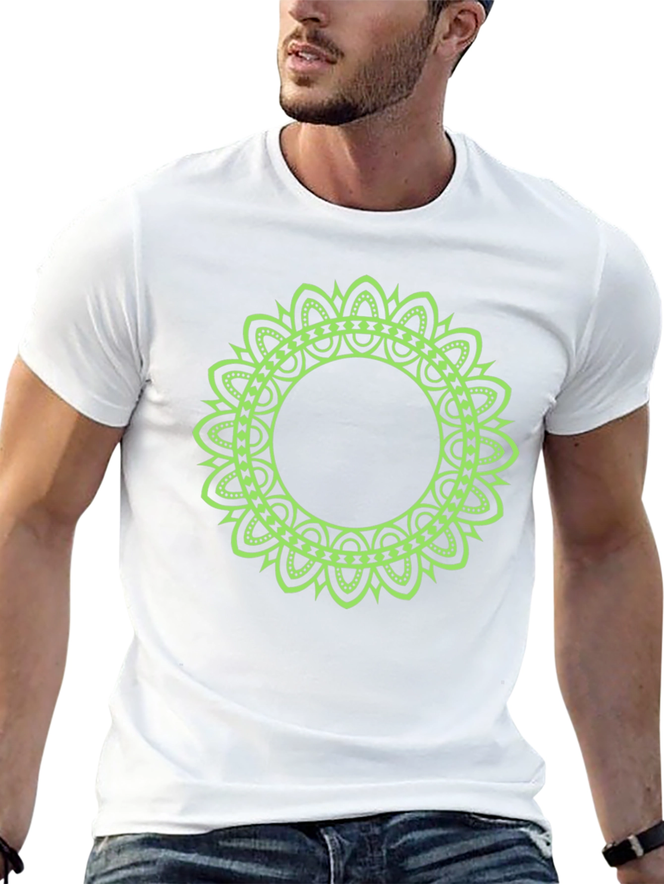 Mens Black T-Shirt with Green Mandala Design