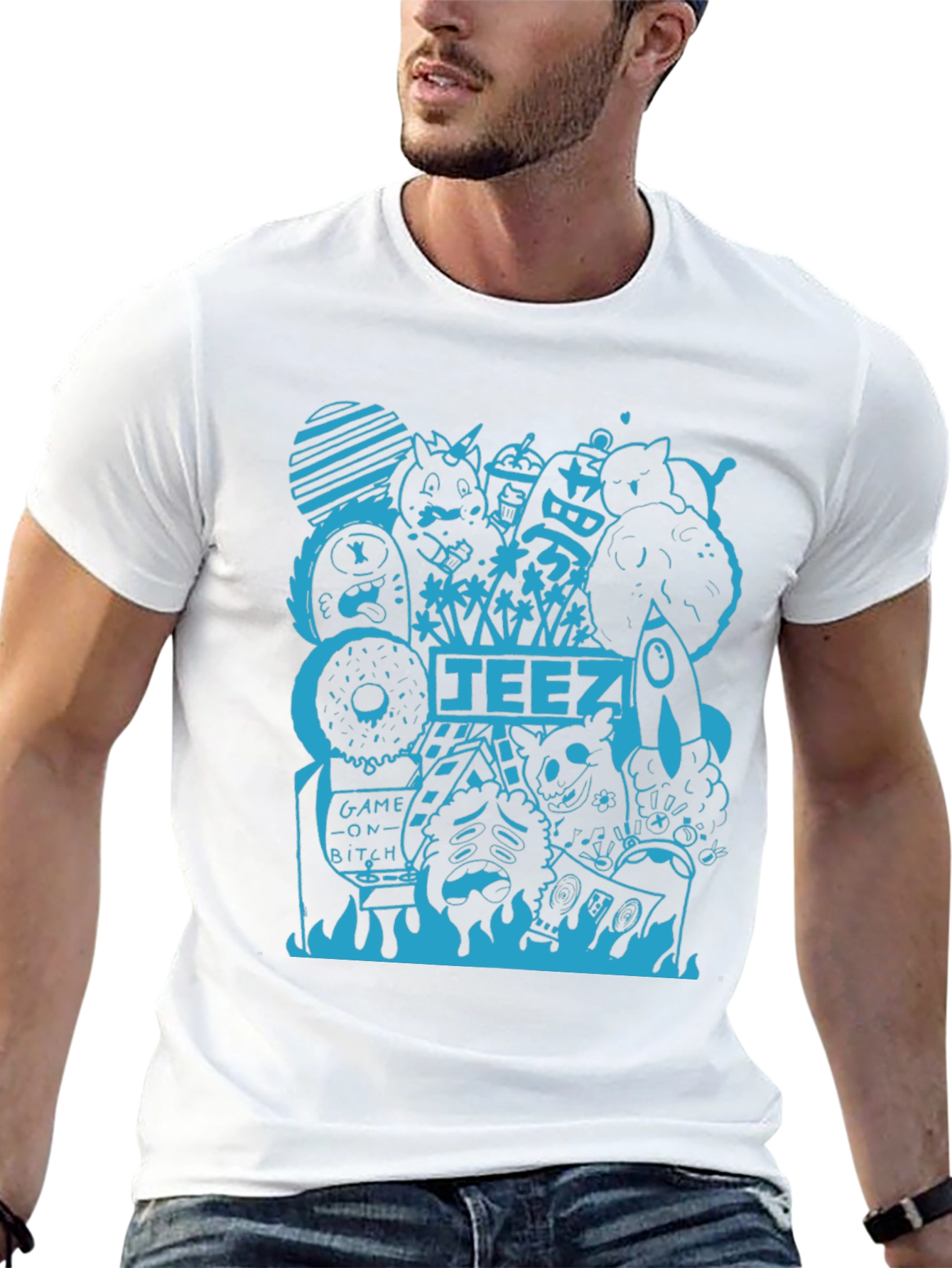 Graphic Tee - Black T-Shirt with Blue Doodle Design