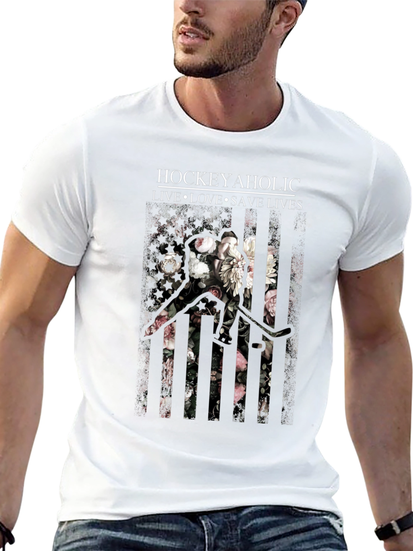 Hockeyaholic Floral Stripe Graphic Tee