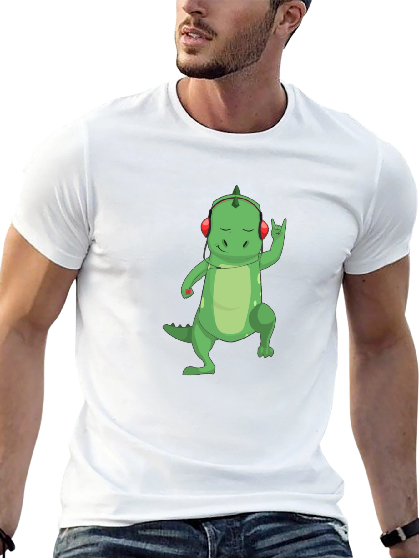 Dino Rocker T-Shirt - Cool Cartoon Dinosaur with Headphones
