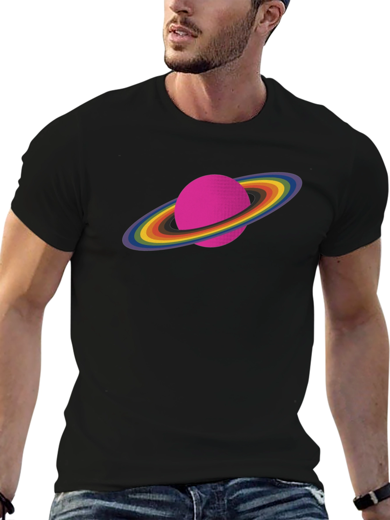 Rainbow Saturn Graphic Tee - Unisex Black T-Shirt