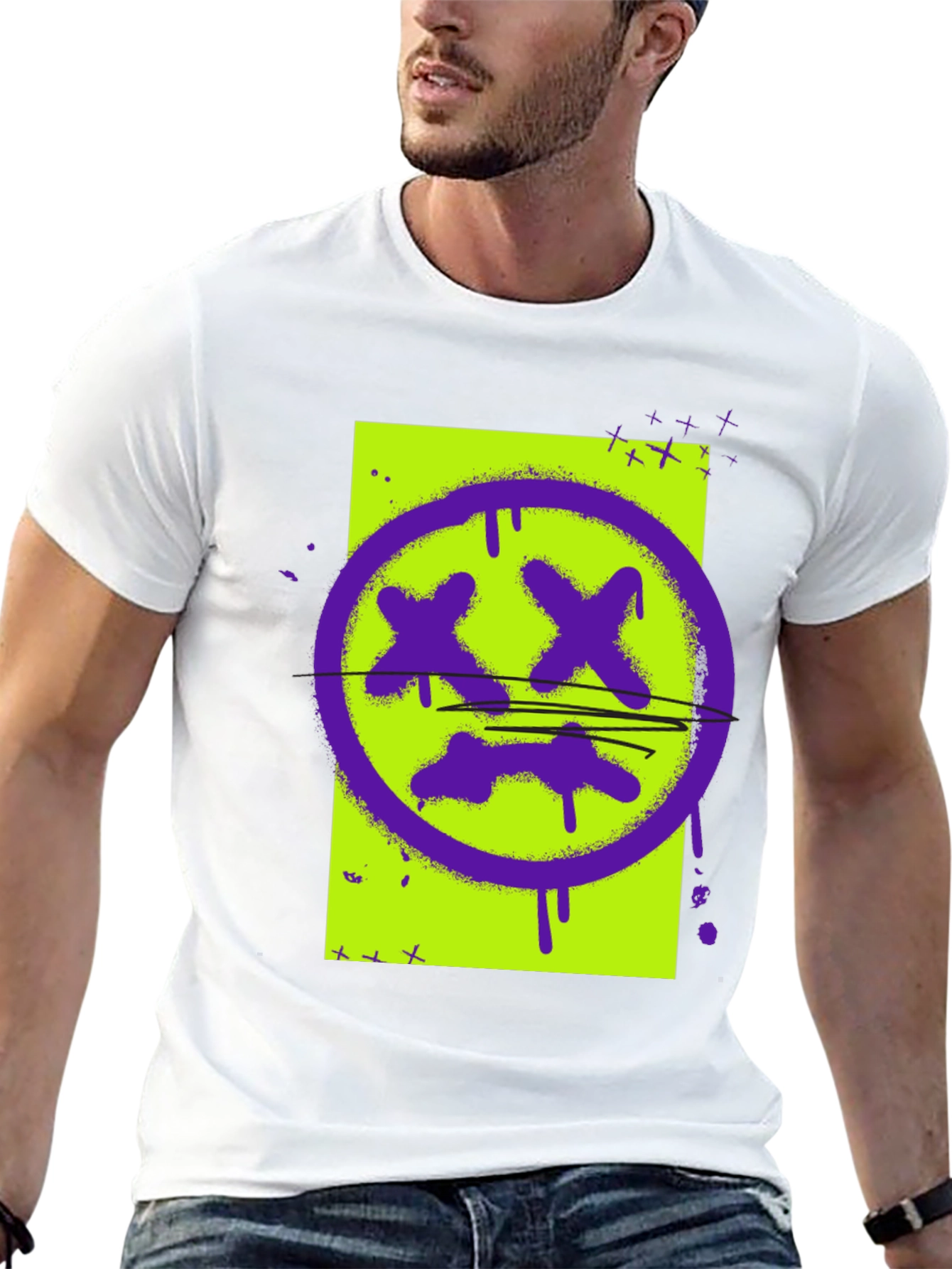 Graphic Print Tee - Grunge Smiley Face T-Shirt