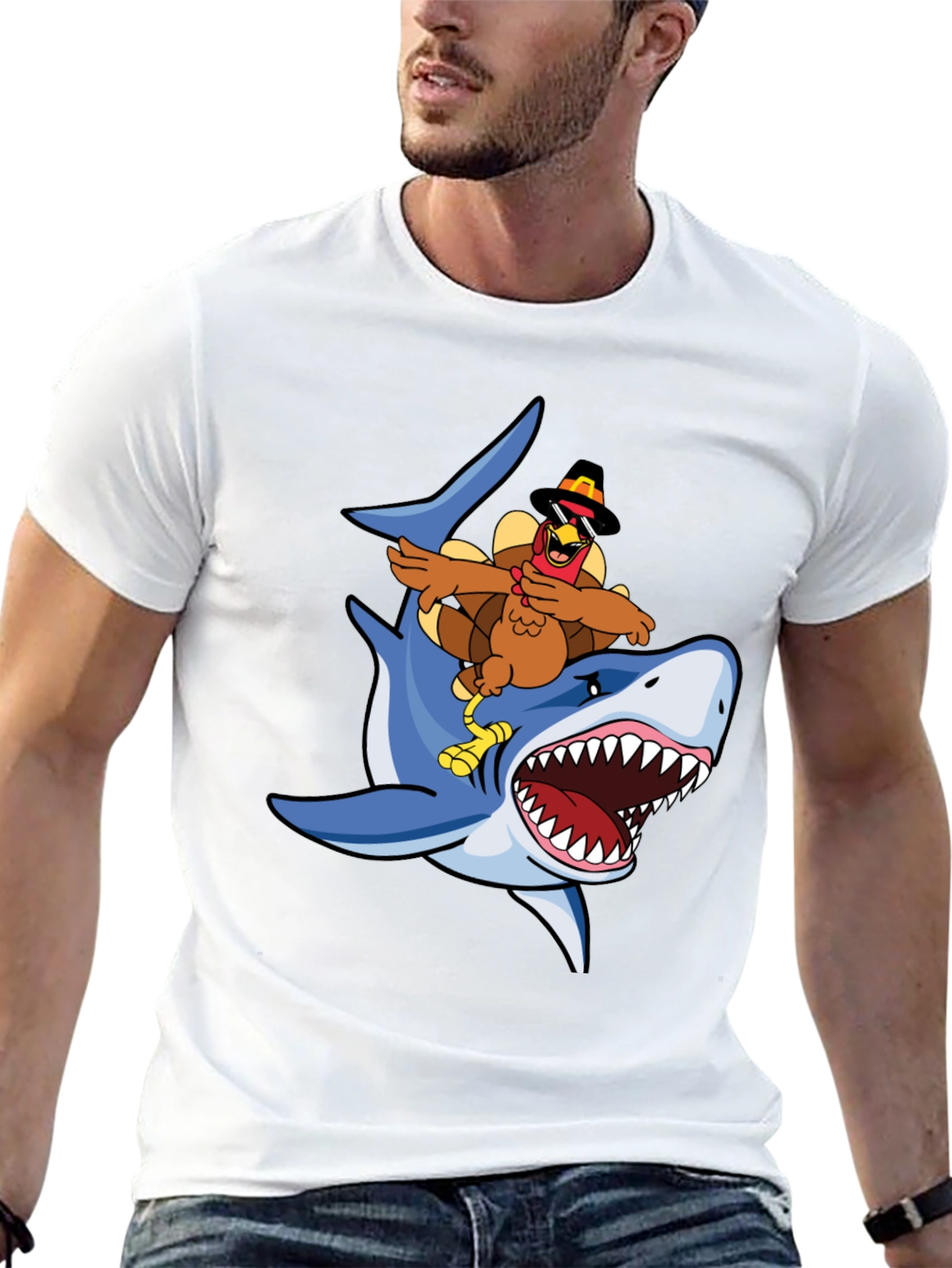 Turkey Riding Shark Graphic Tee - Black Cotton T-Shirt