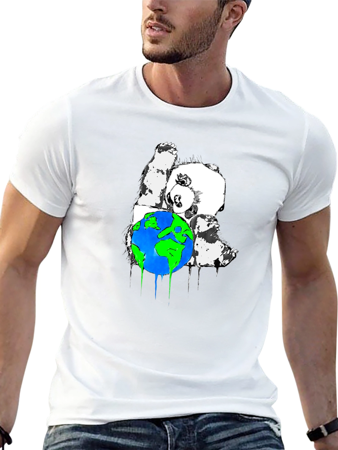 Panda Hugging Earth Graphic T-Shirt - Black