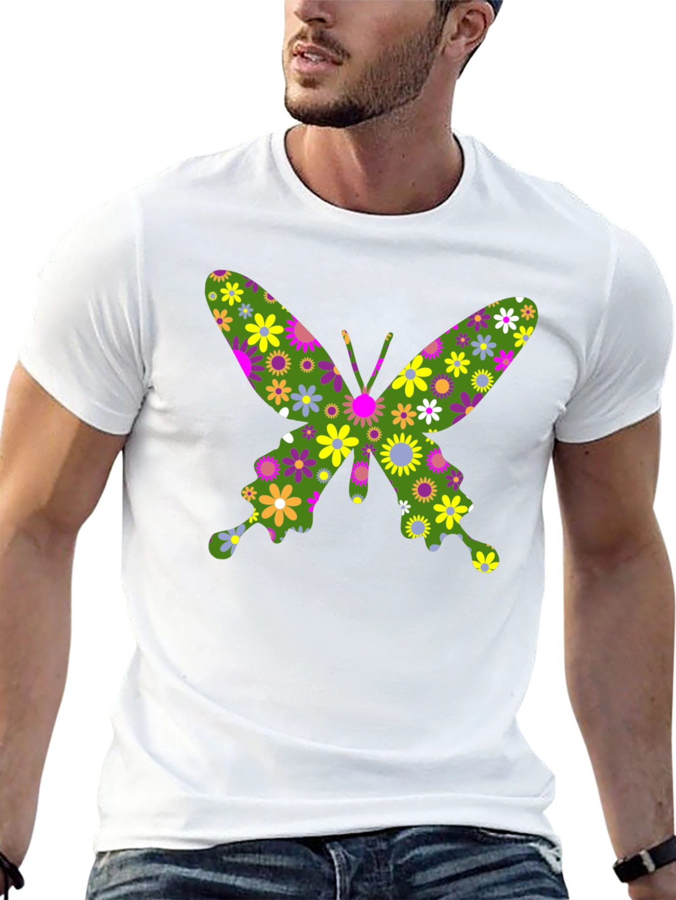 Floral Butterfly Print Black T-Shirt