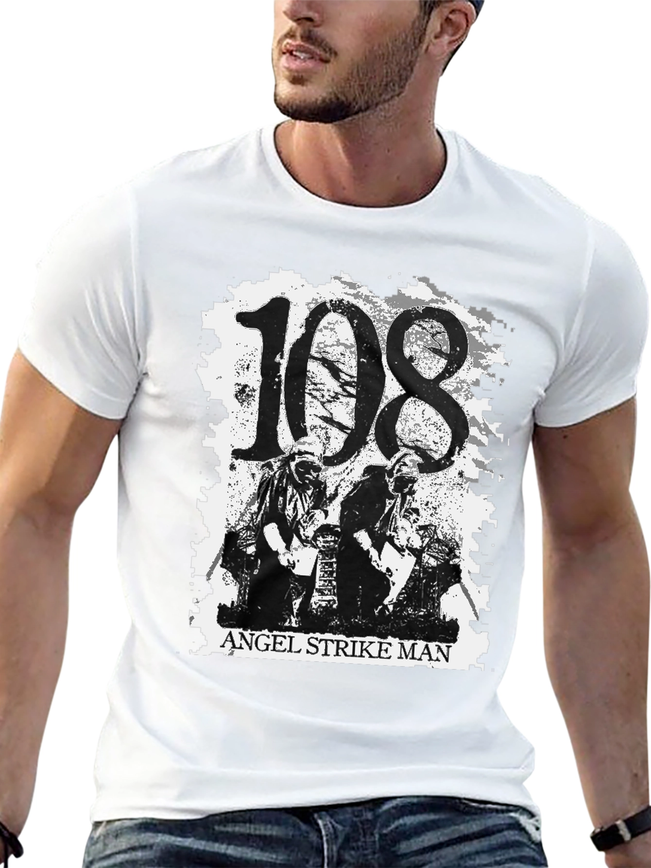 108 Angel Strike Man Black Graphic Tee