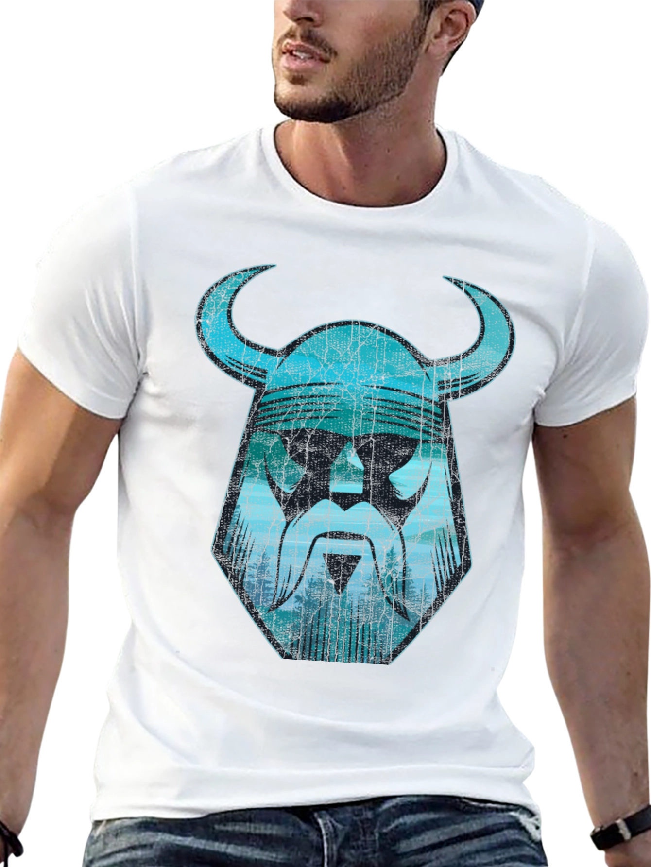 Viking Helmet Graphic Tee - Distressed Design