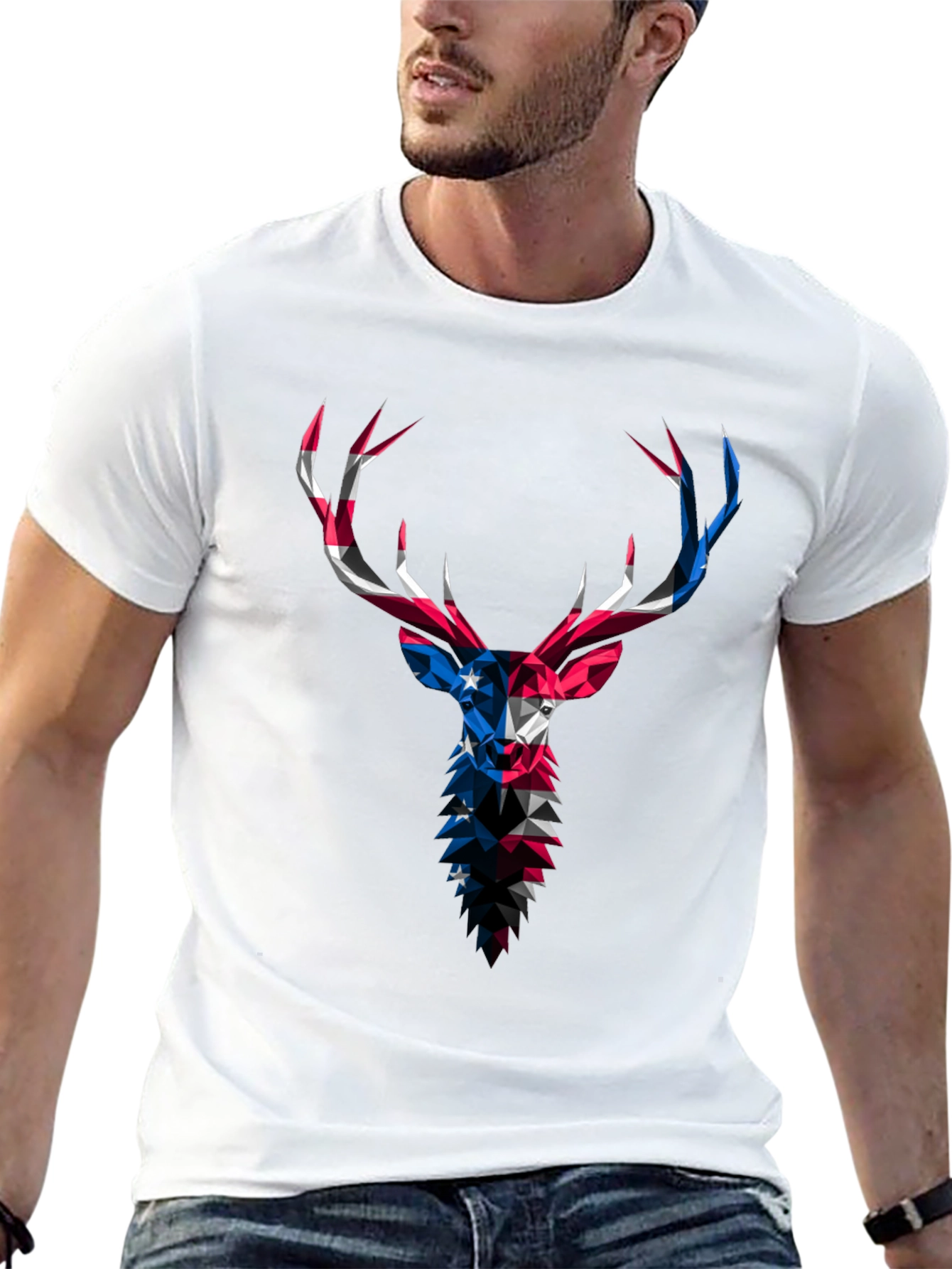 Geometric Deer USA Flag Graphic Black T-Shirt