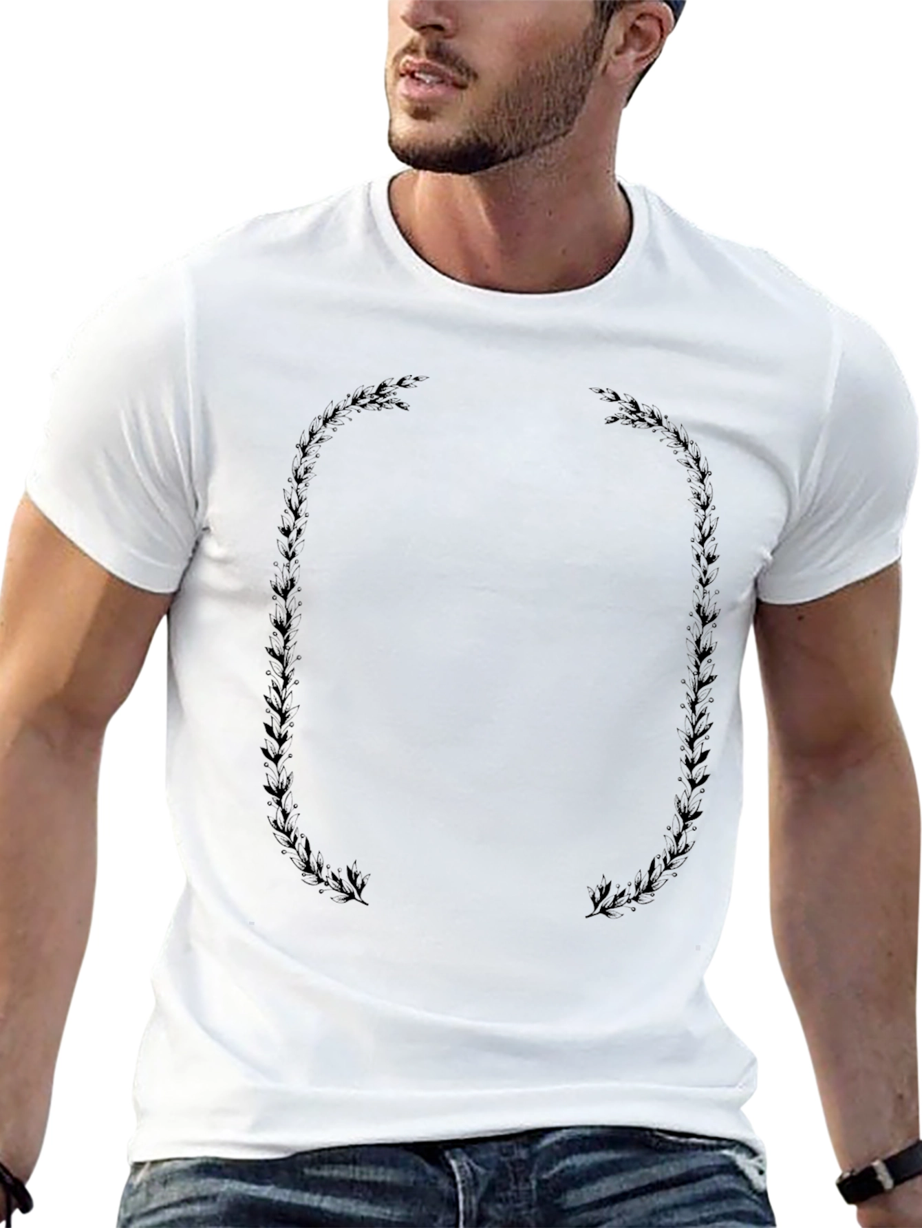 Mens Black T-Shirt with Oval Leaf Frame Design