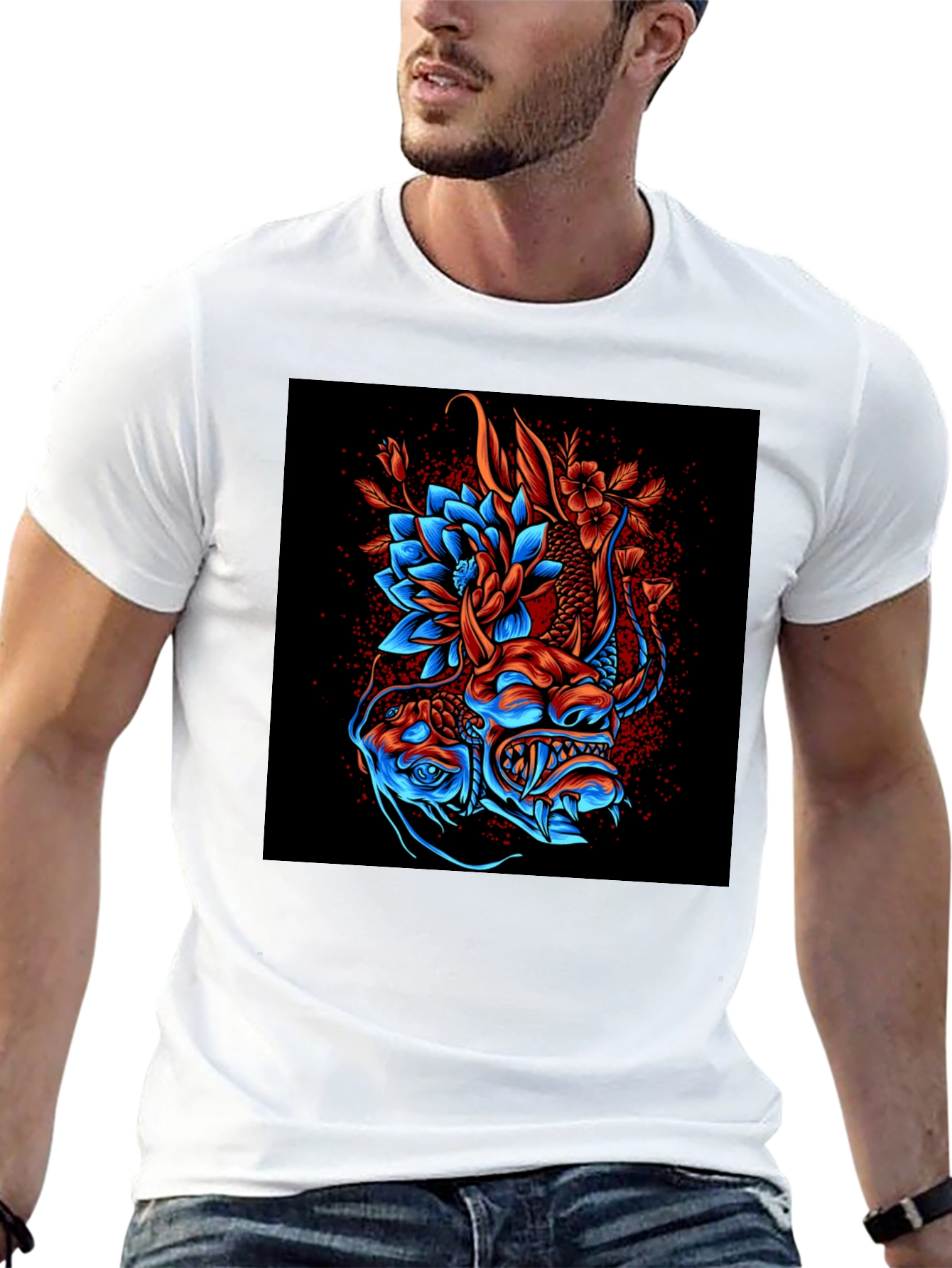 Dragon and Lotus Graphic Print T-Shirt