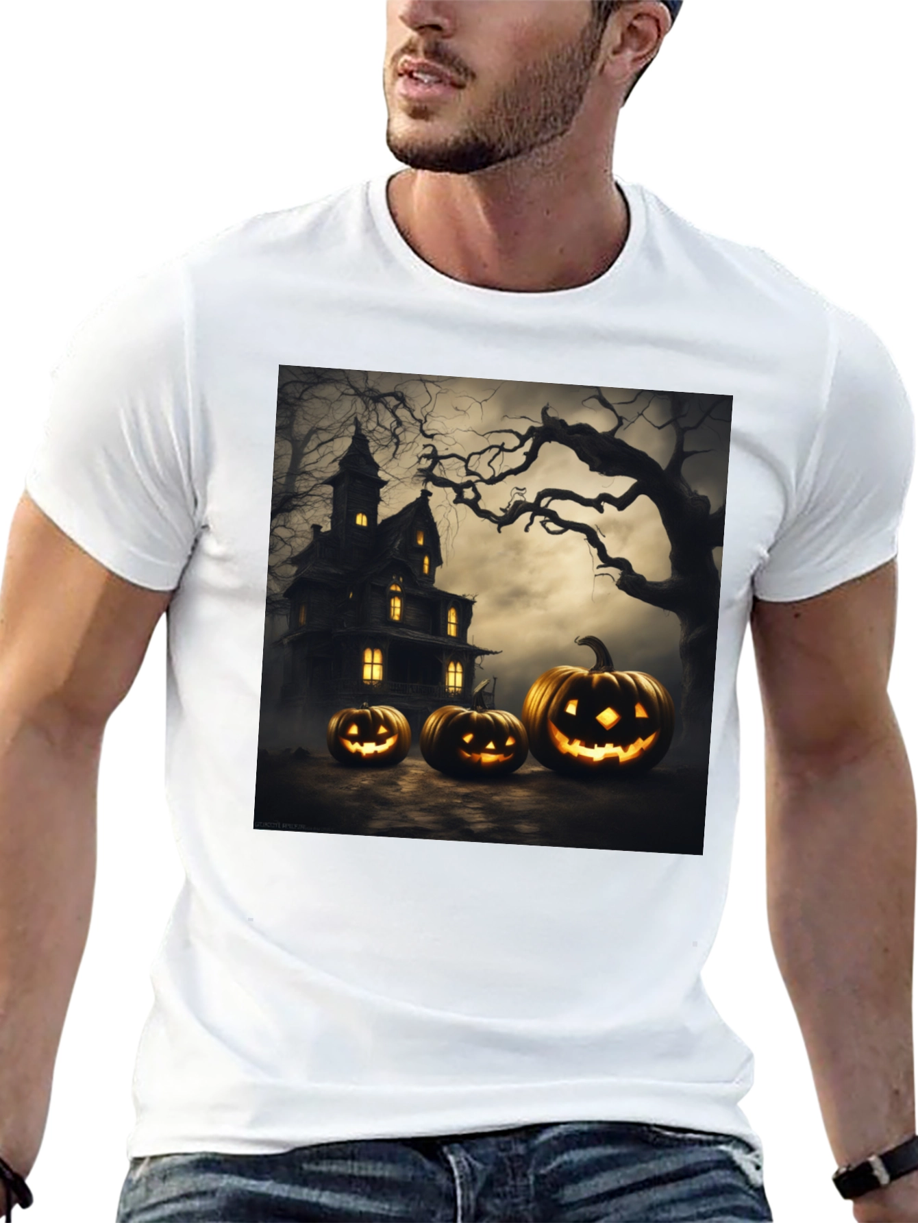 Spooky Halloween T-Shirt with Pumpkin House Design