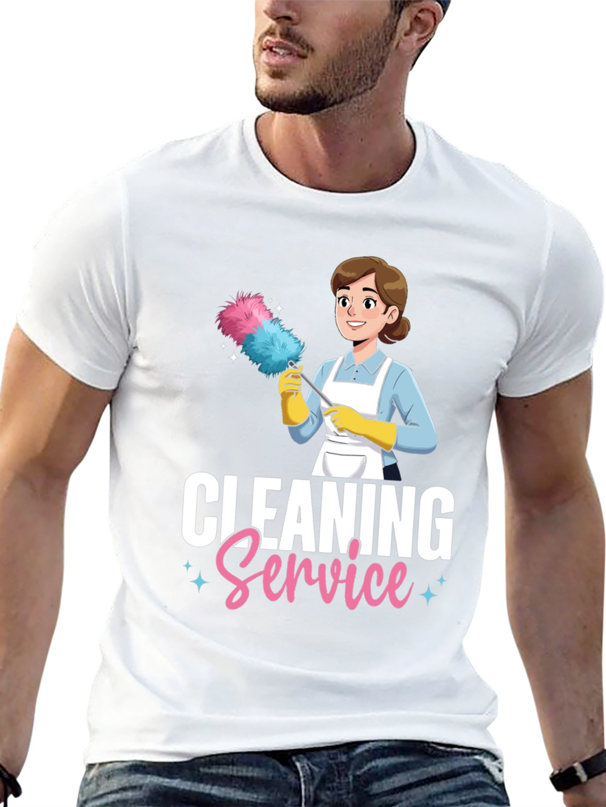 Cleaning Service Cartoon Graphic T-Shirt - Black