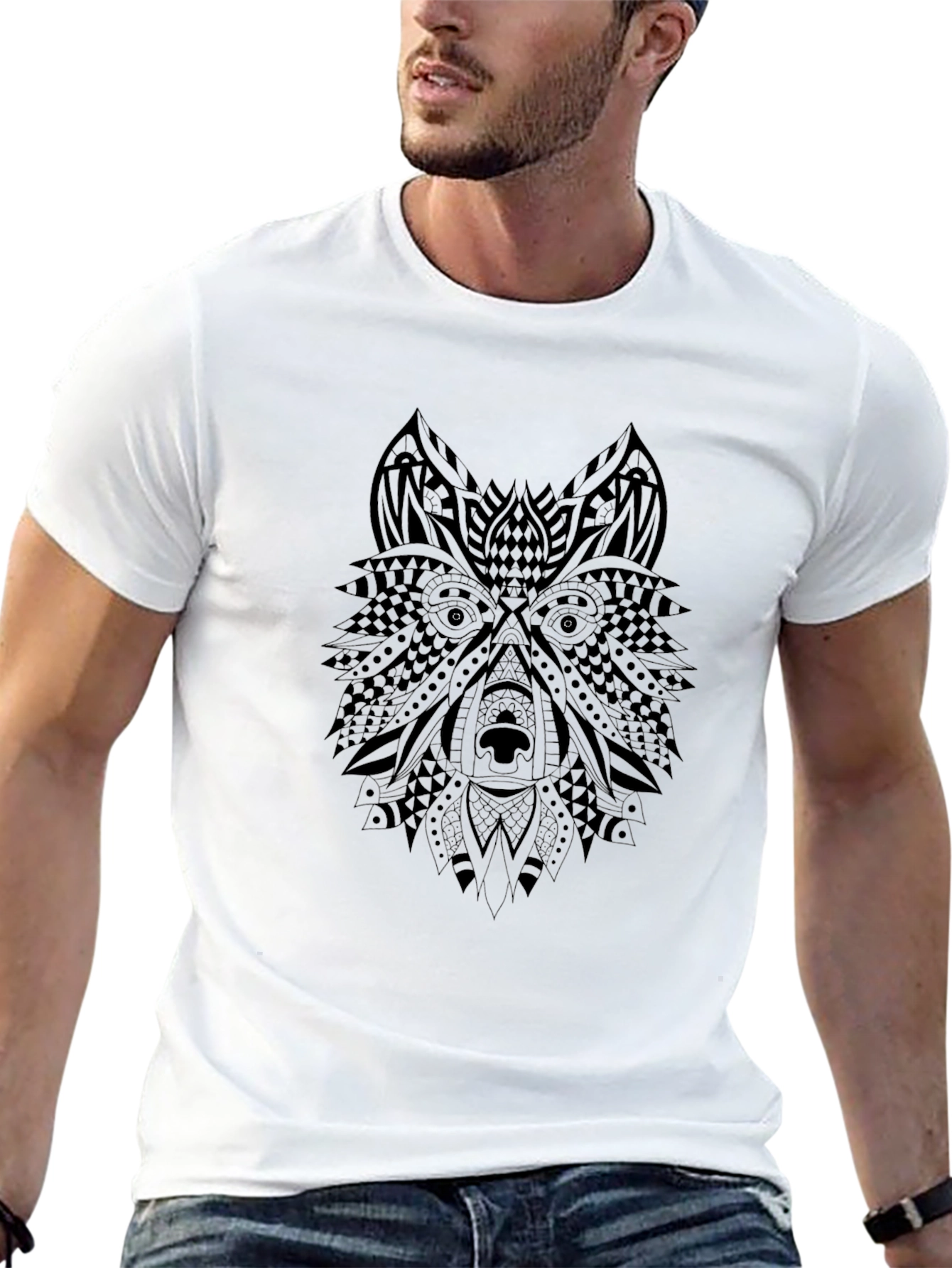 Tribal Wolf Graphic Black T-Shirt