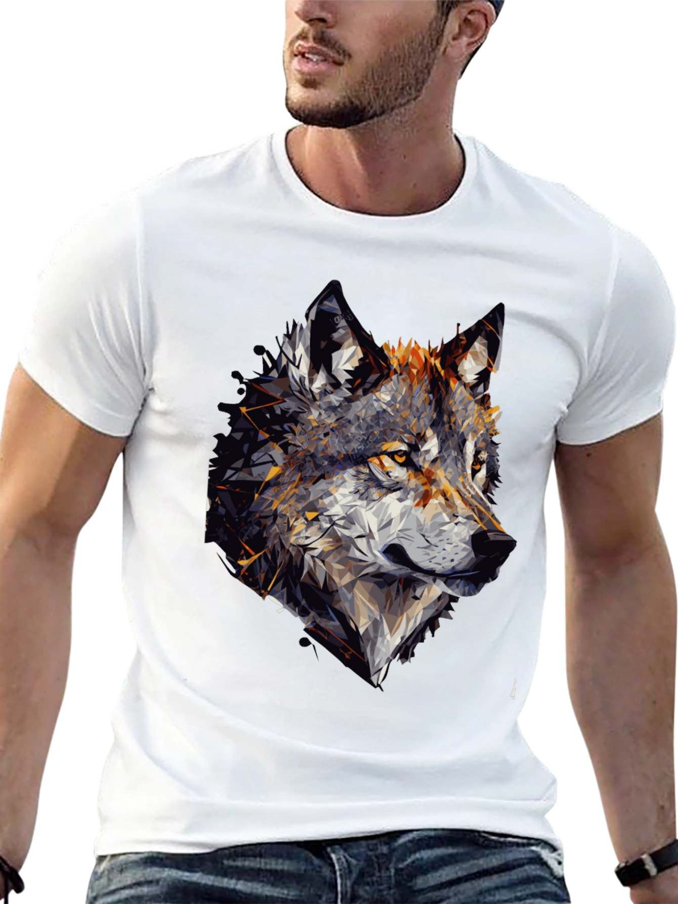 Geometric Wolf Graphic Black Tee Shirt for Men