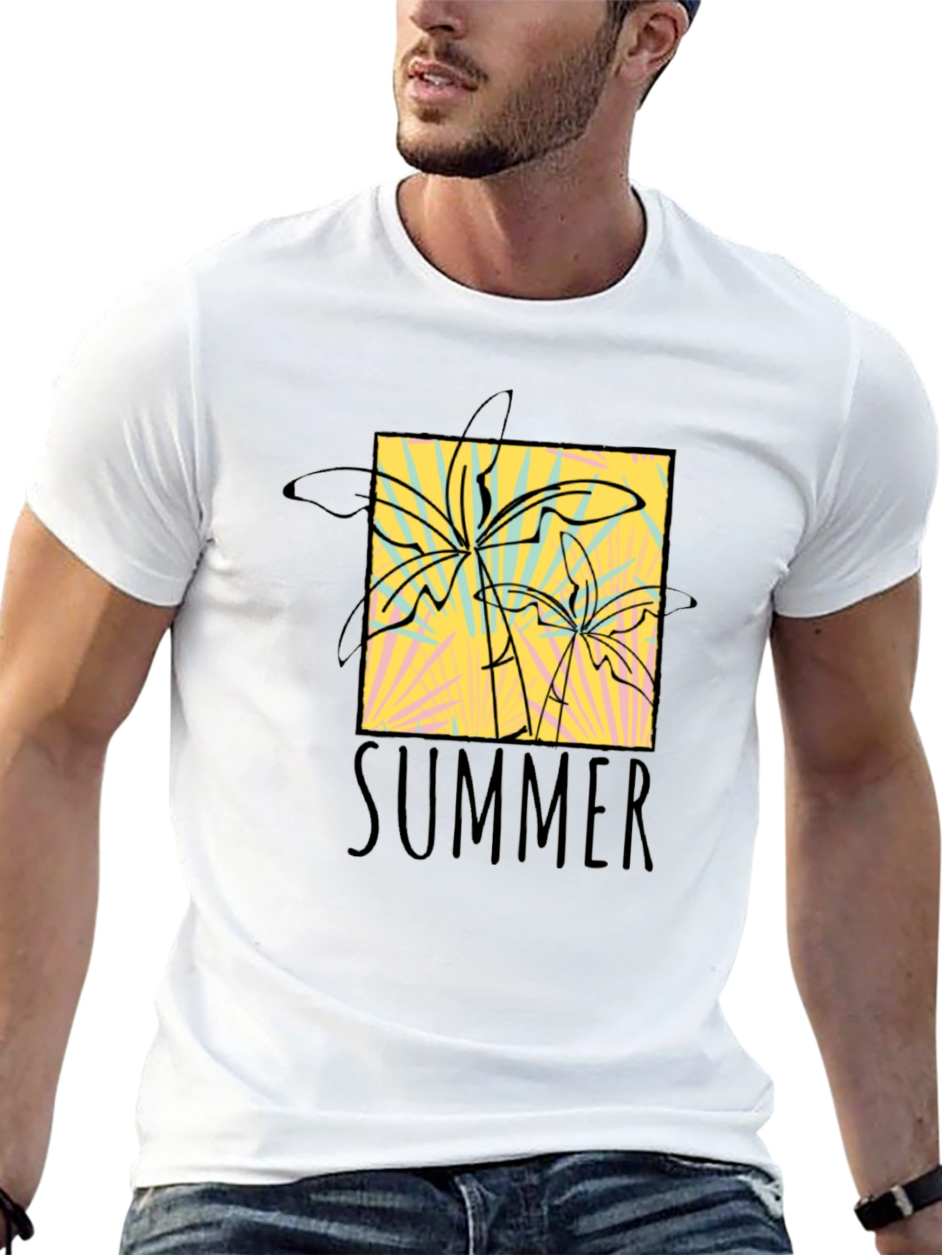 Summer Palms Graphic Tee - Black Cotton T-Shirt