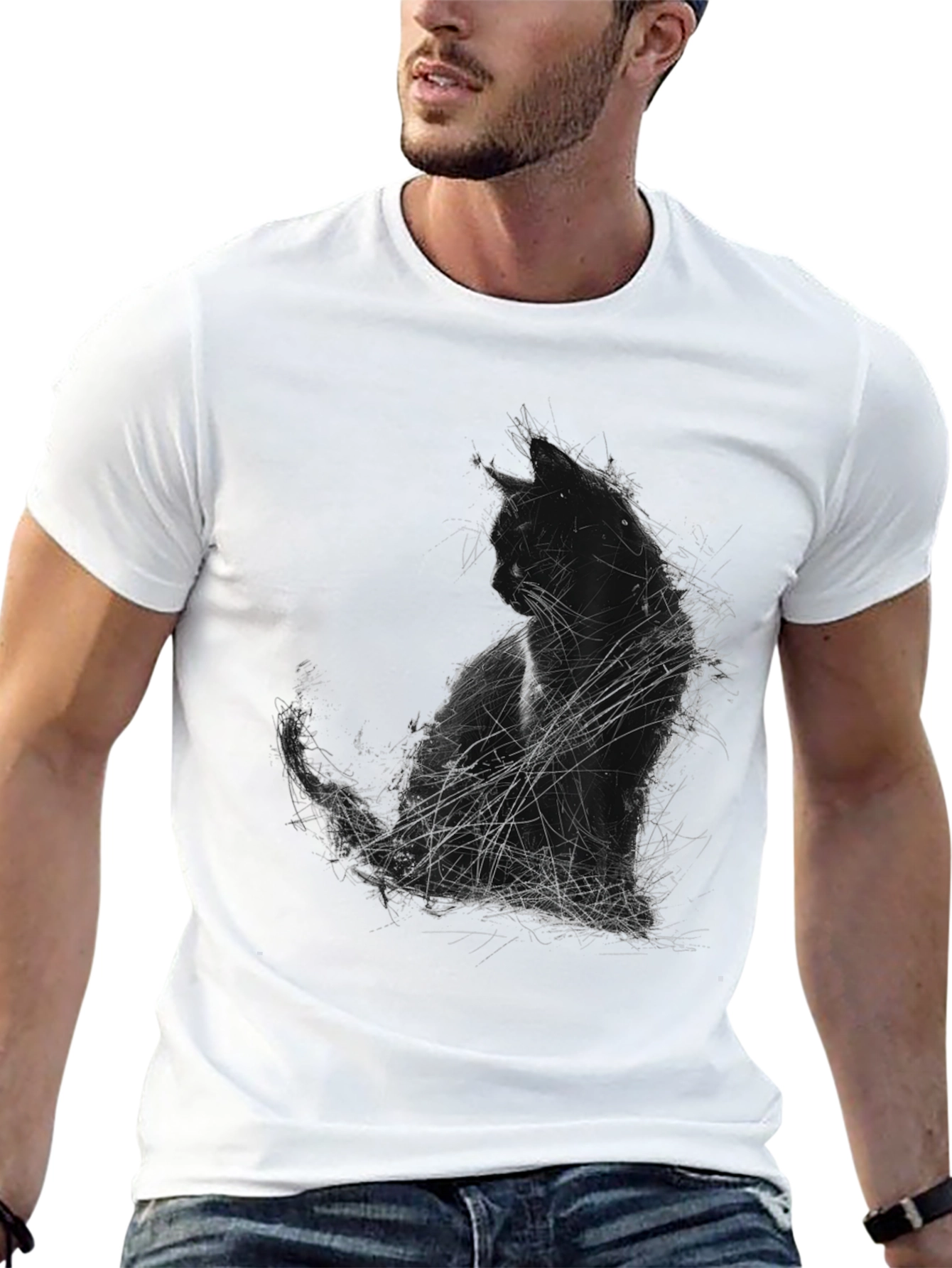 Abstract Cat Graphic Print Black T-Shirt
