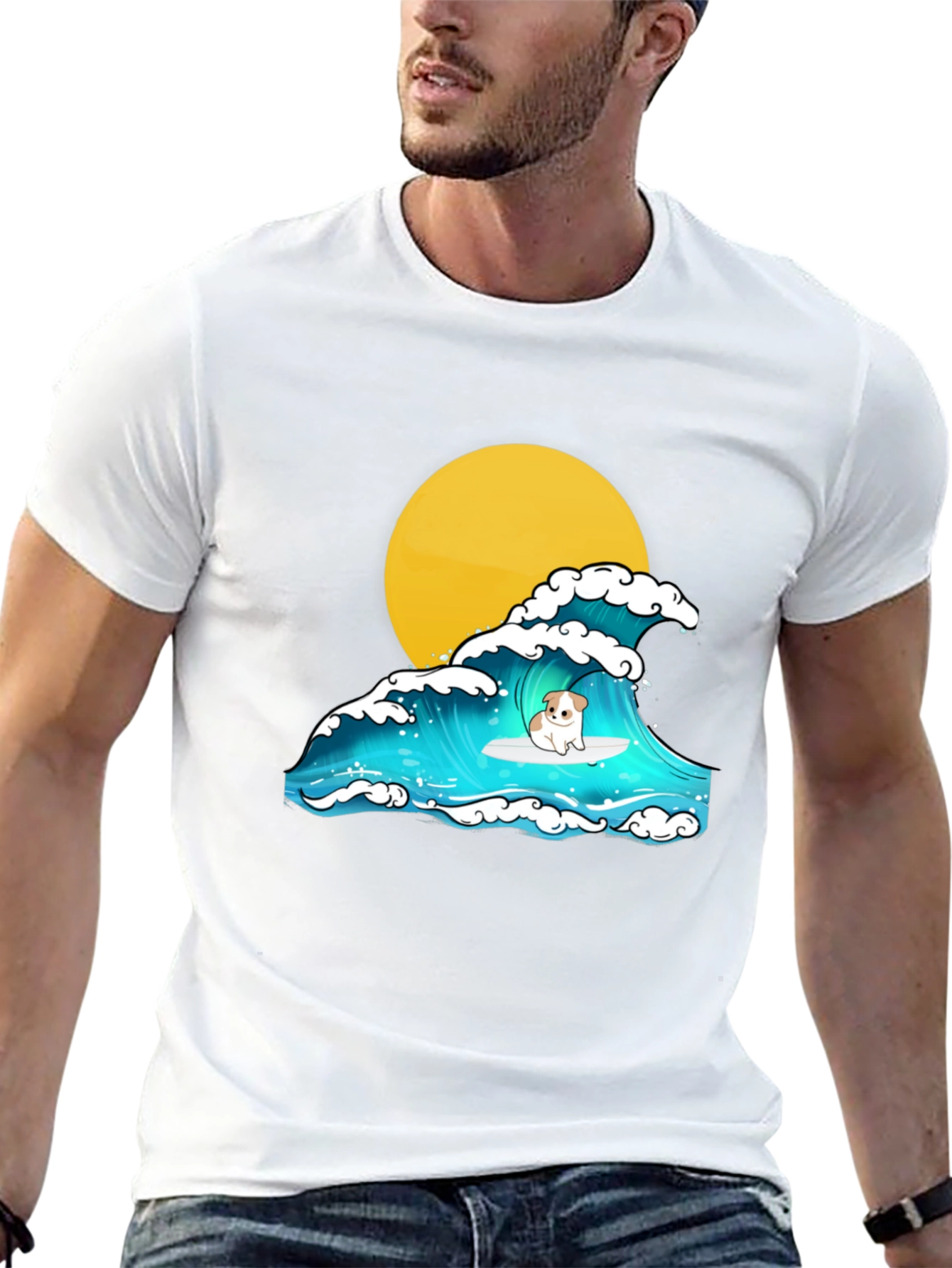 Surfing Dog Graphic Tee - Black Cotton T-Shirt