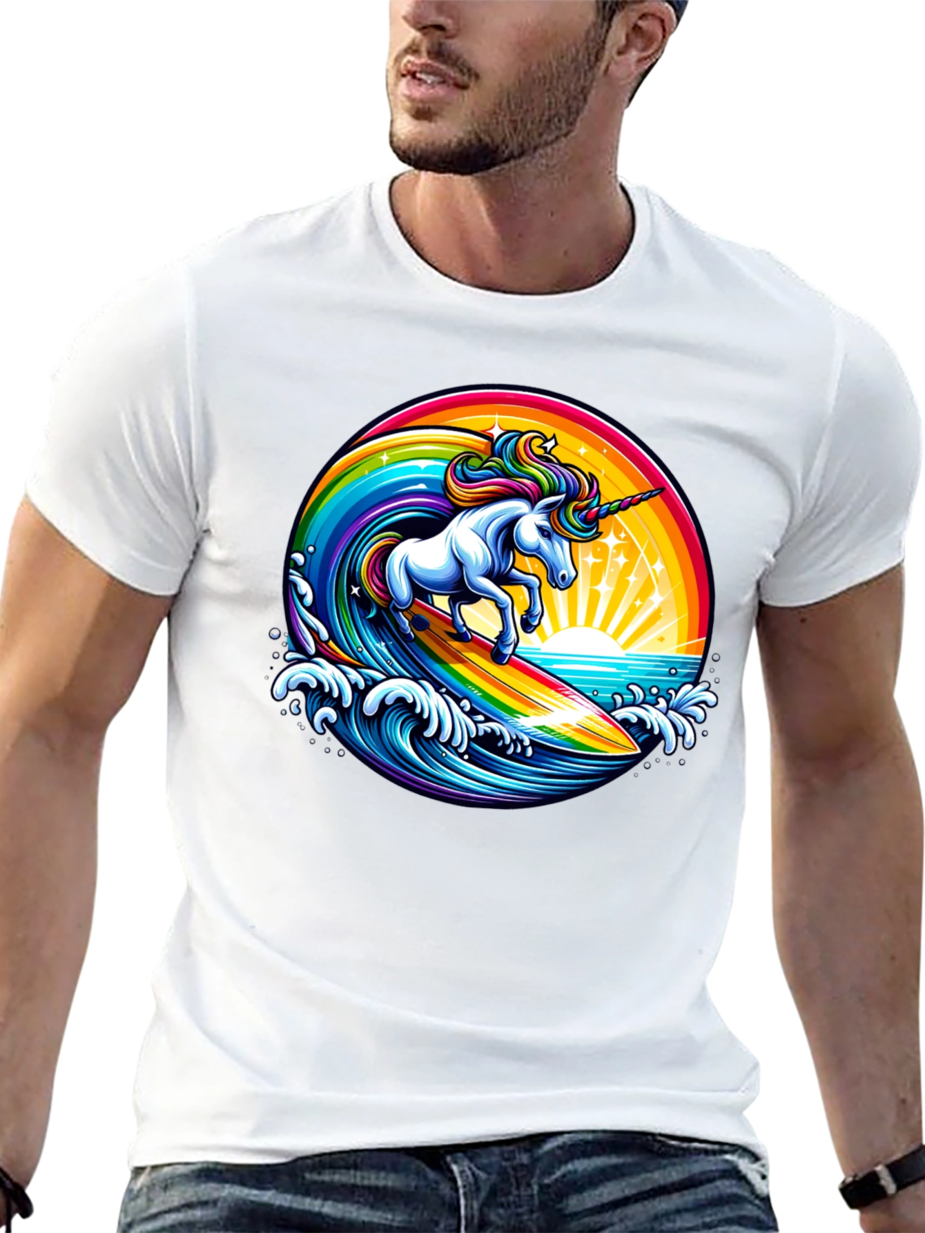 Surfing Unicorn Rainbow Graphic T-Shirt