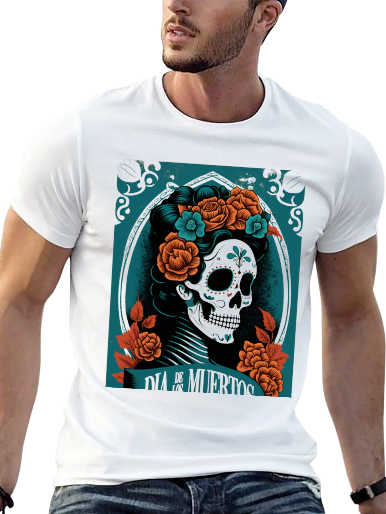 Dia de Muertos Graphic Tee - Skull & Flowers