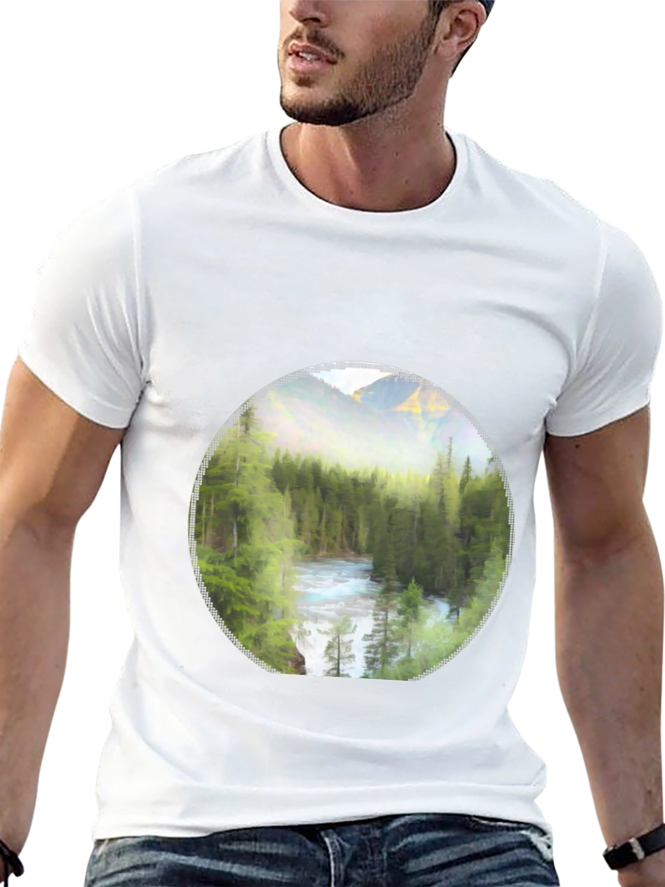 Nature Scene Graphic Tee - Mountain River Print