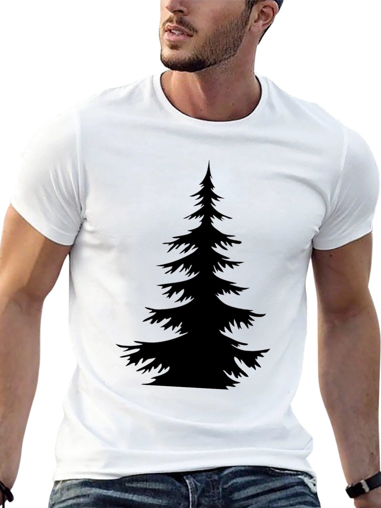Mens Black T-Shirt with Evergreen Tree Graphic