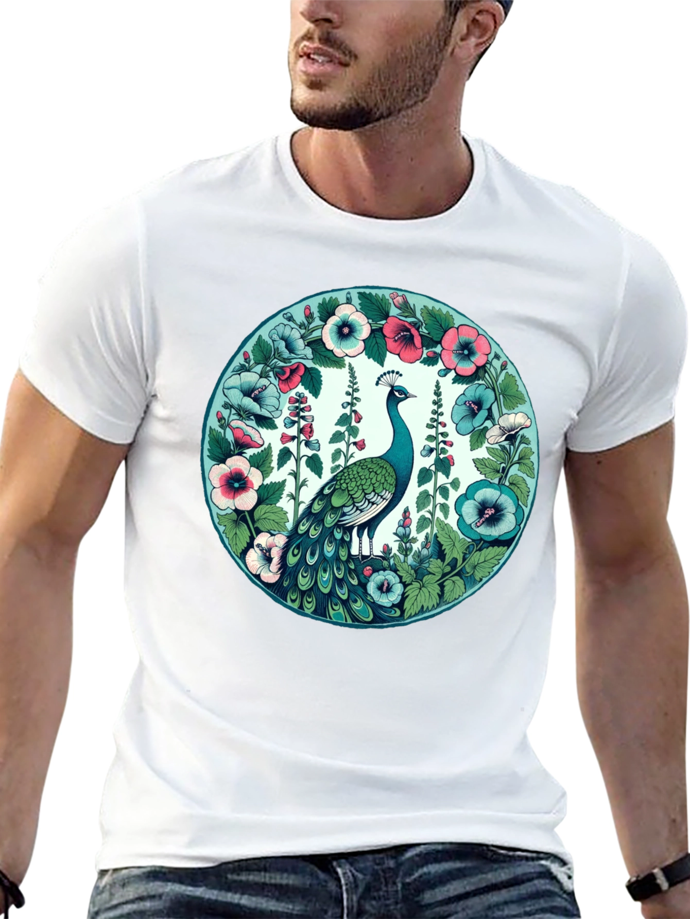 Peacock Floral Graphic Tee - Black Cotton T-Shirt