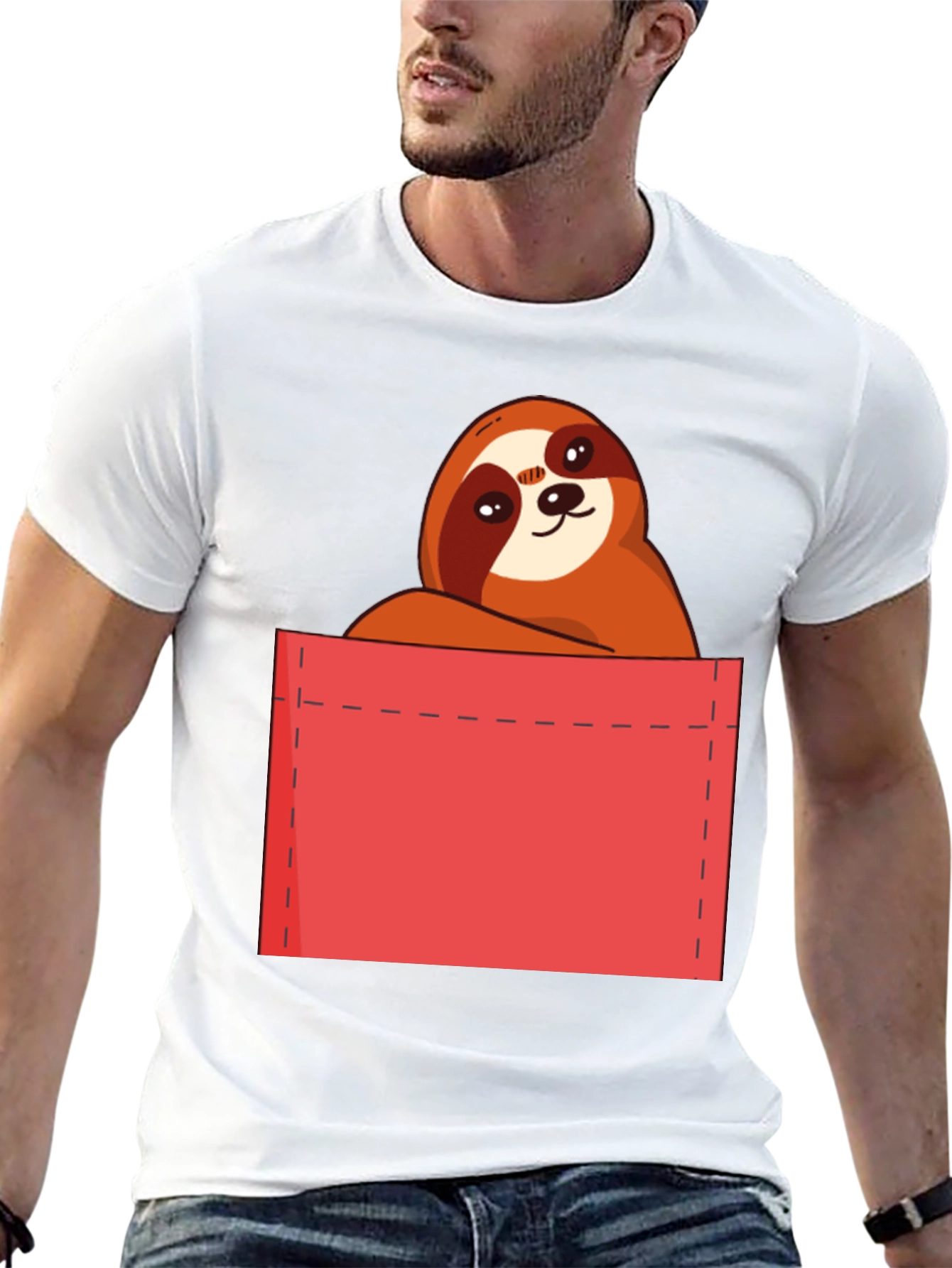 Sloth in Pocket T-Shirt - Cute Cartoon Animal Tee