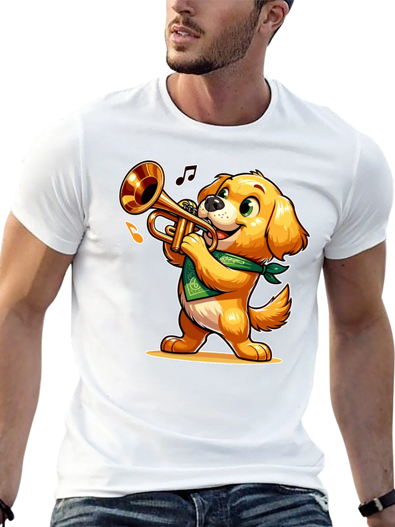Dog Playing Trumpet T-Shirt - Fun Cartoon Design