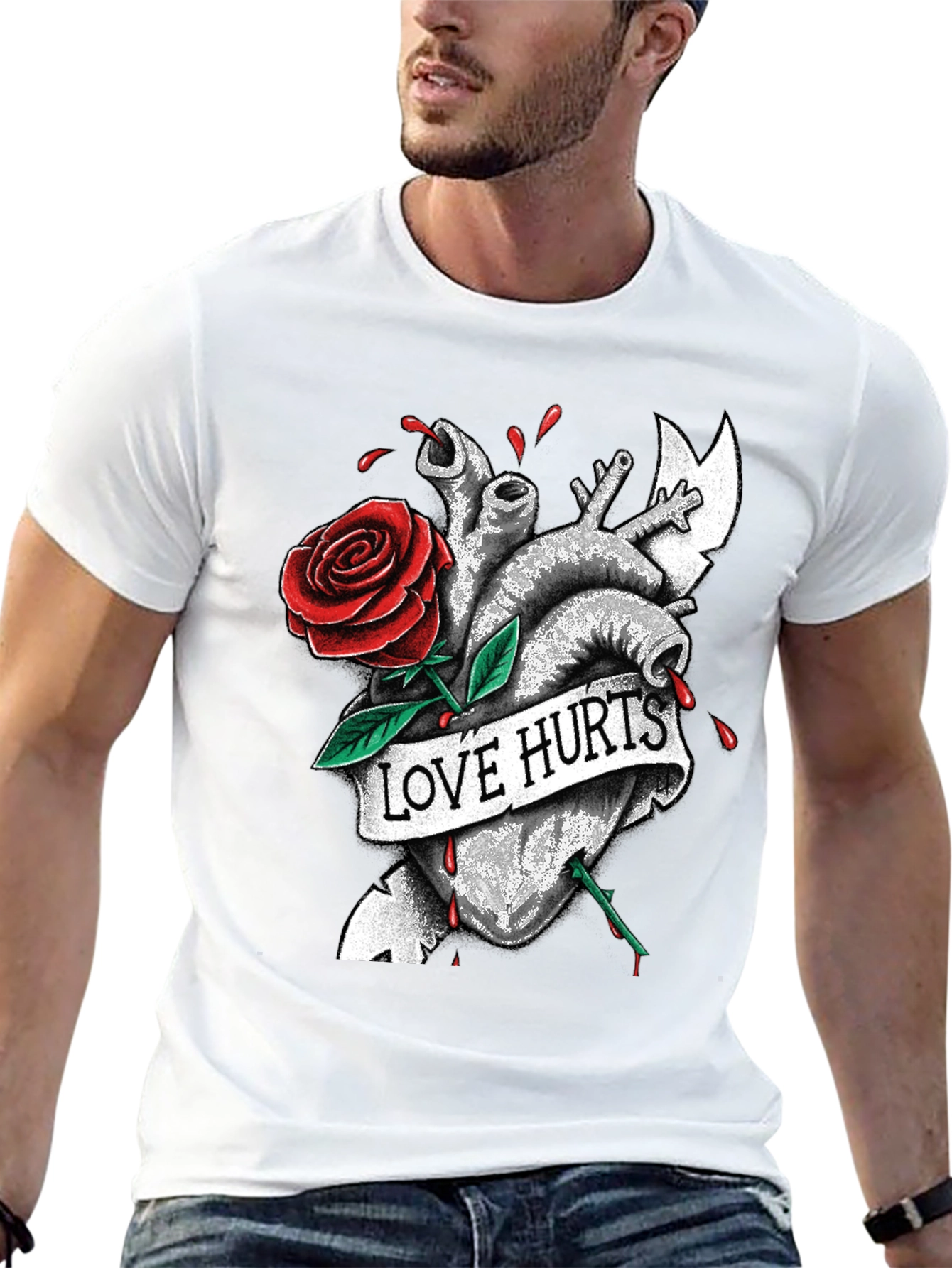 Love Hurts Heart & Rose Graphic T-Shirt
