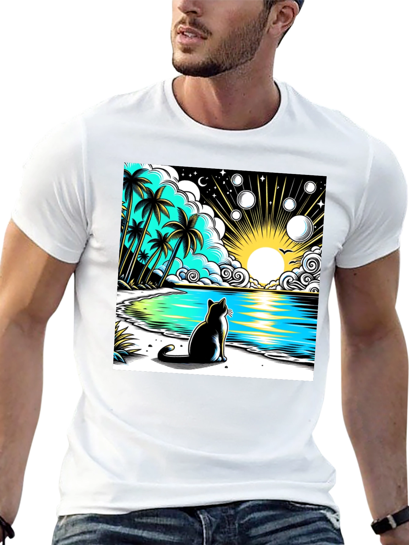 Cat on Beach Graphic Tee