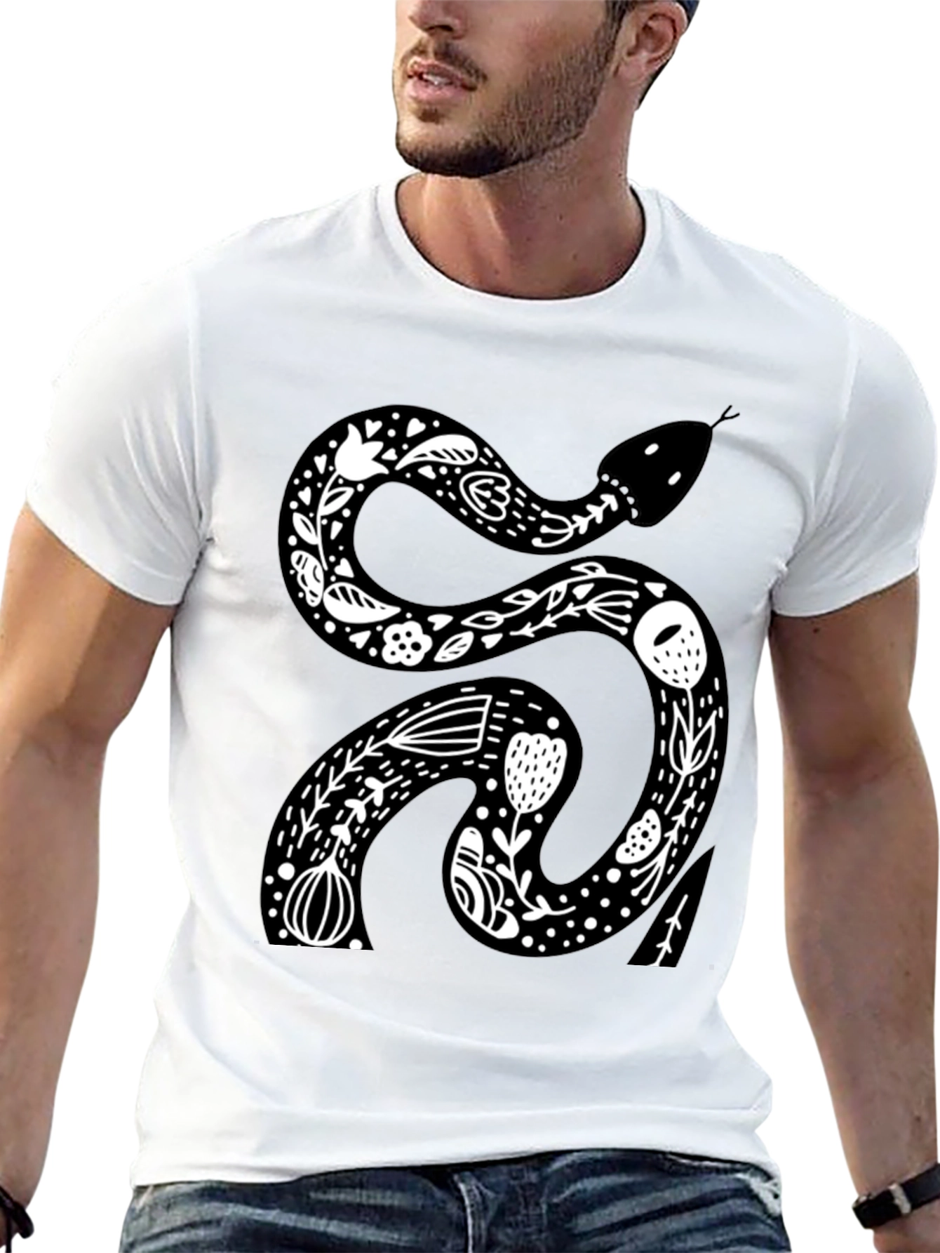 Floral Snake Graphic Tee - Black Cotton