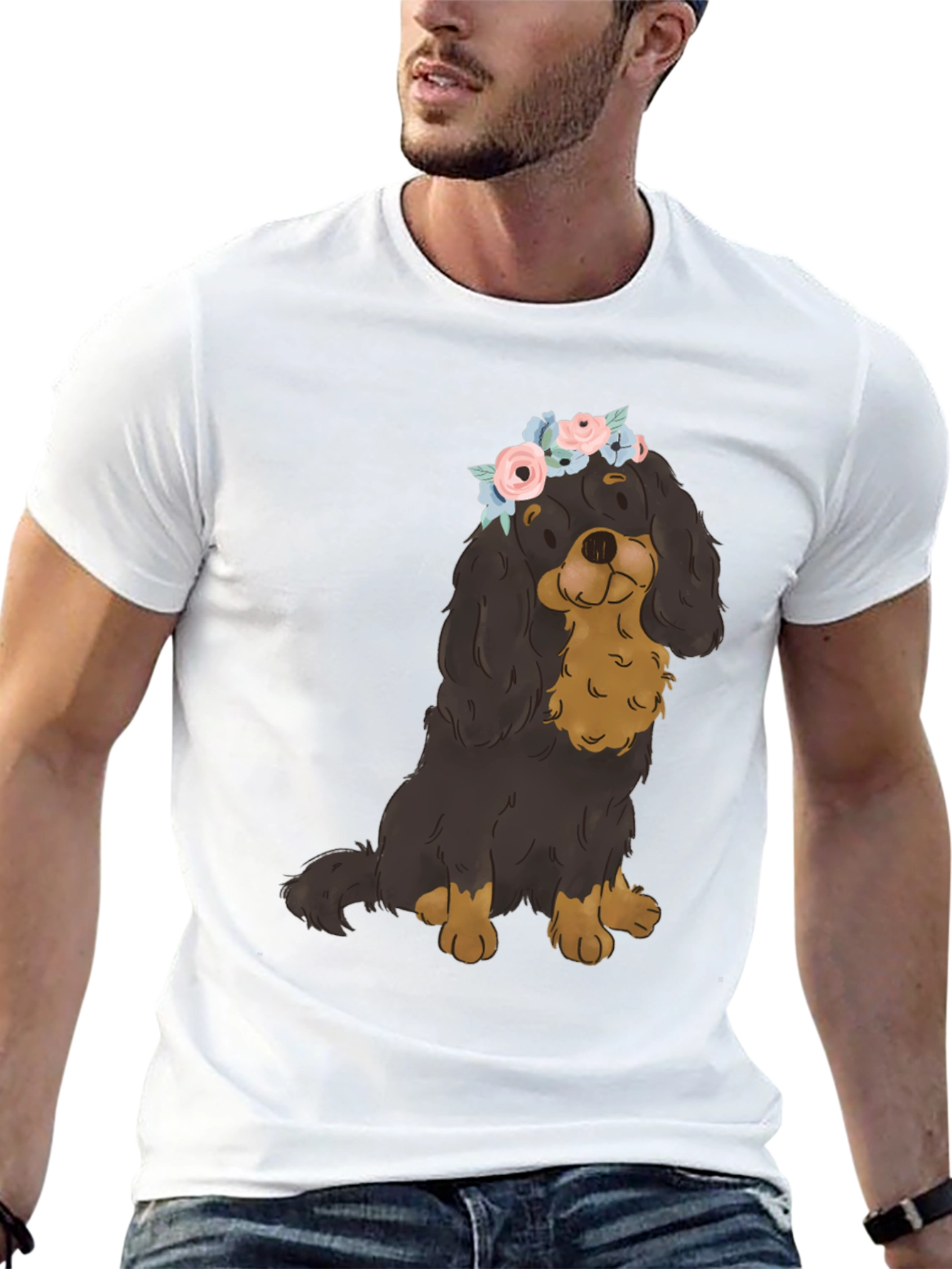 Dog with Flower Crown T-Shirt - Black