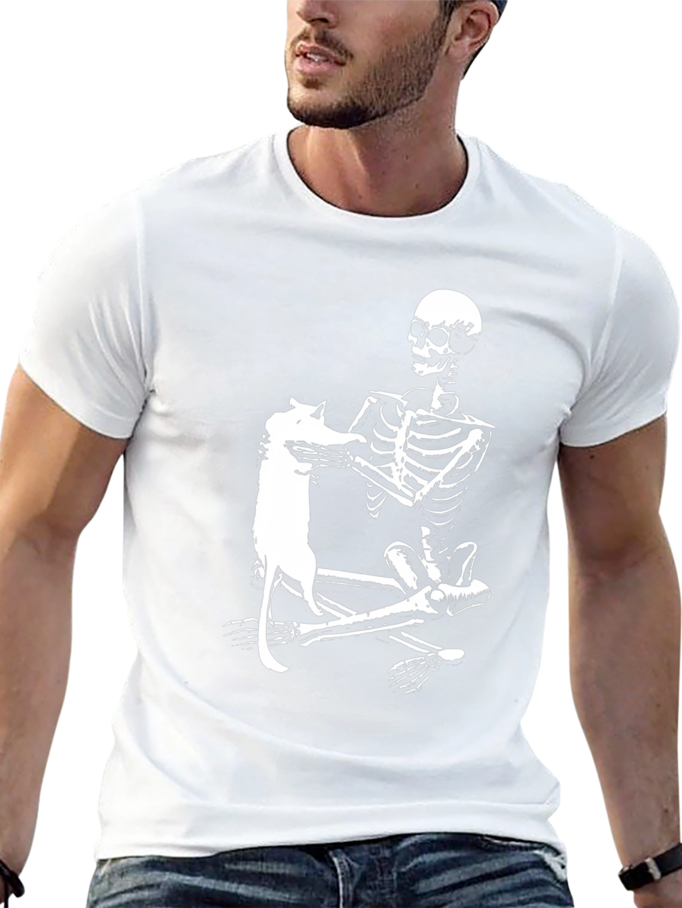 Skeleton & Cat Graphic Tee - Black