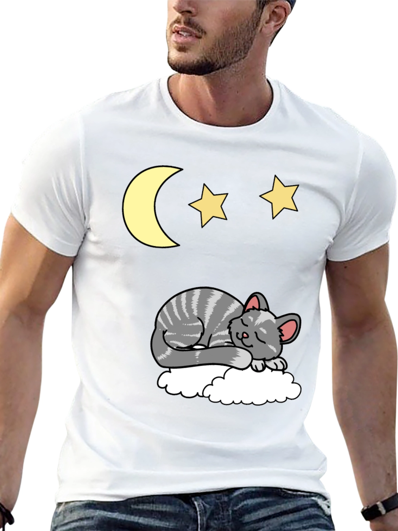 Sleepy Cat Moon & Stars Graphic Tee - Black