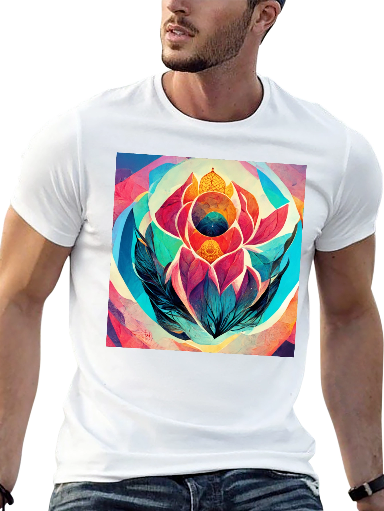 Abstract Lotus Flower Graphic Tee - Black