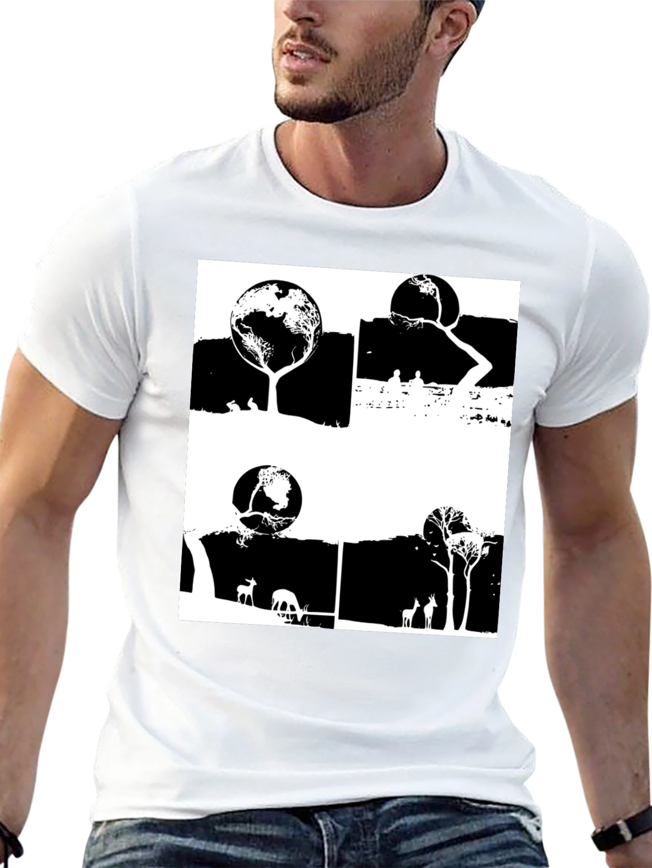 Nature Inspired Graphic Tee - Earth Trees Deer Print