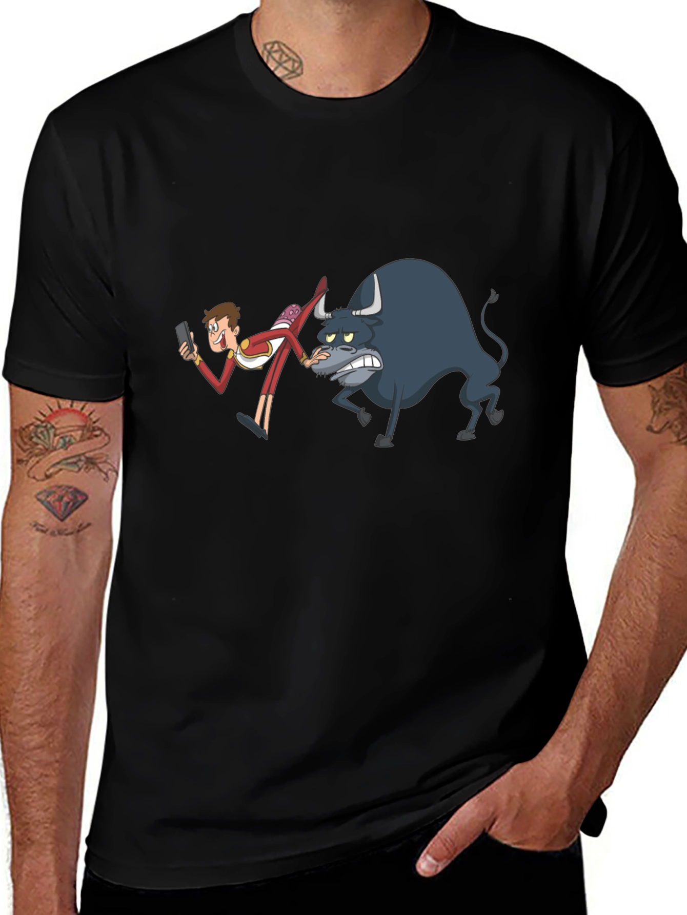 Cartoon Bullfighter Black T-Shirt