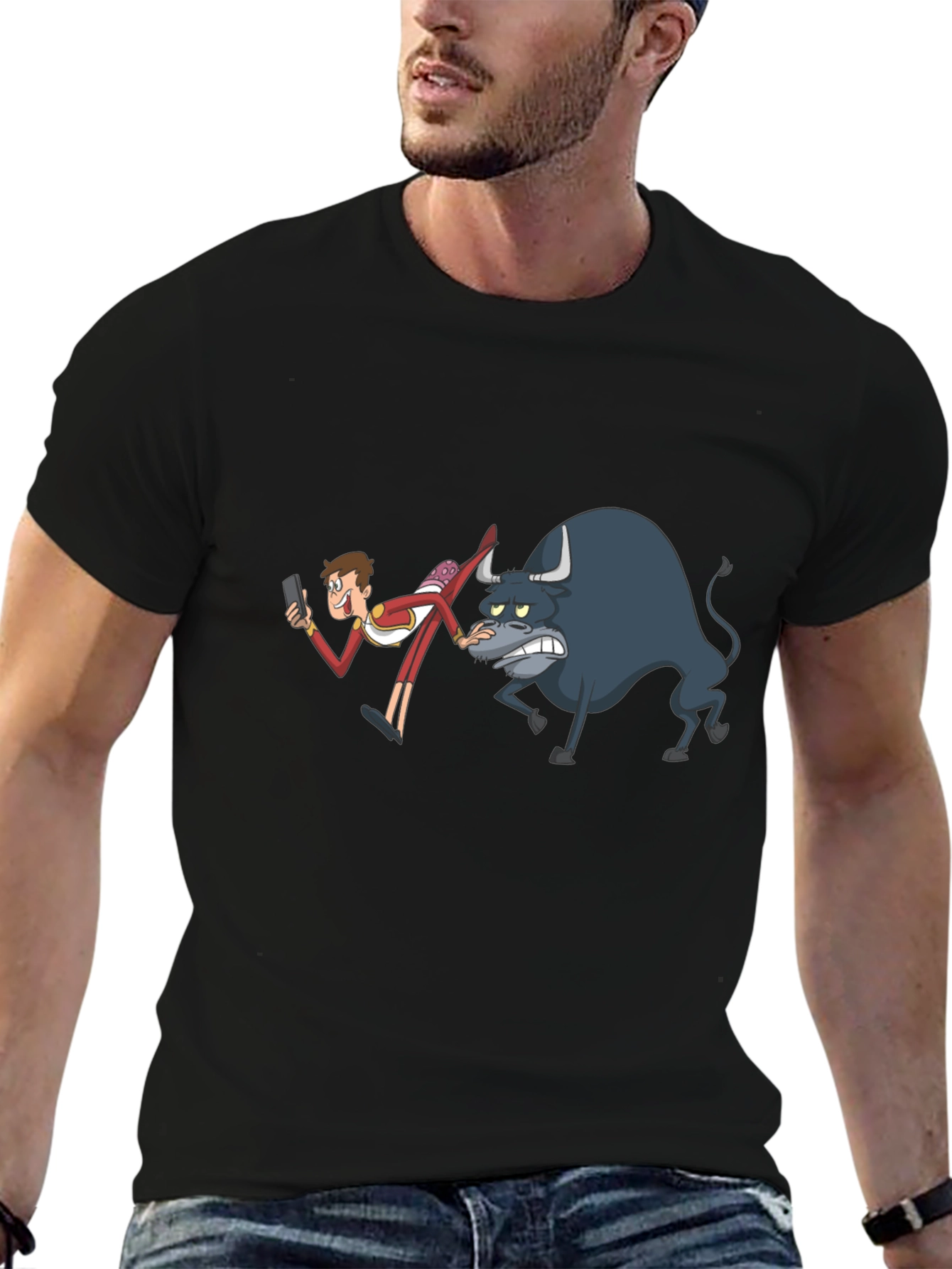 Cartoon Bullfighter Black T-Shirt