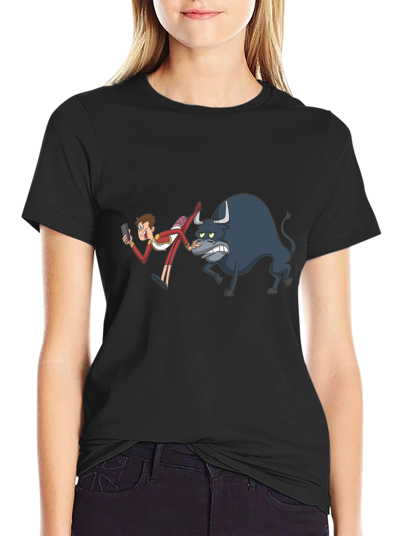 Cartoon Bullfighter Black T-Shirt