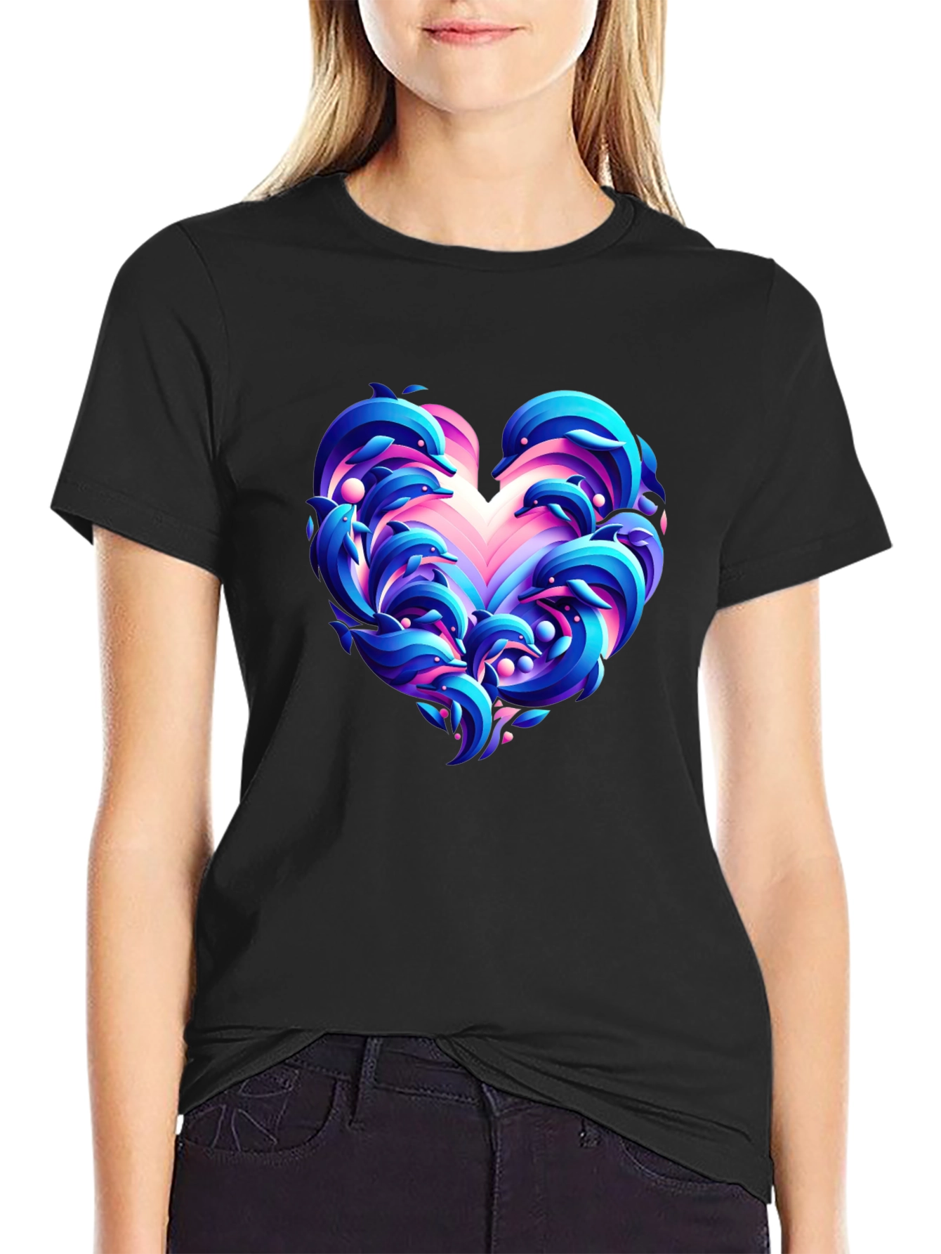 Dolphin Heart Graphic Black T-Shirt