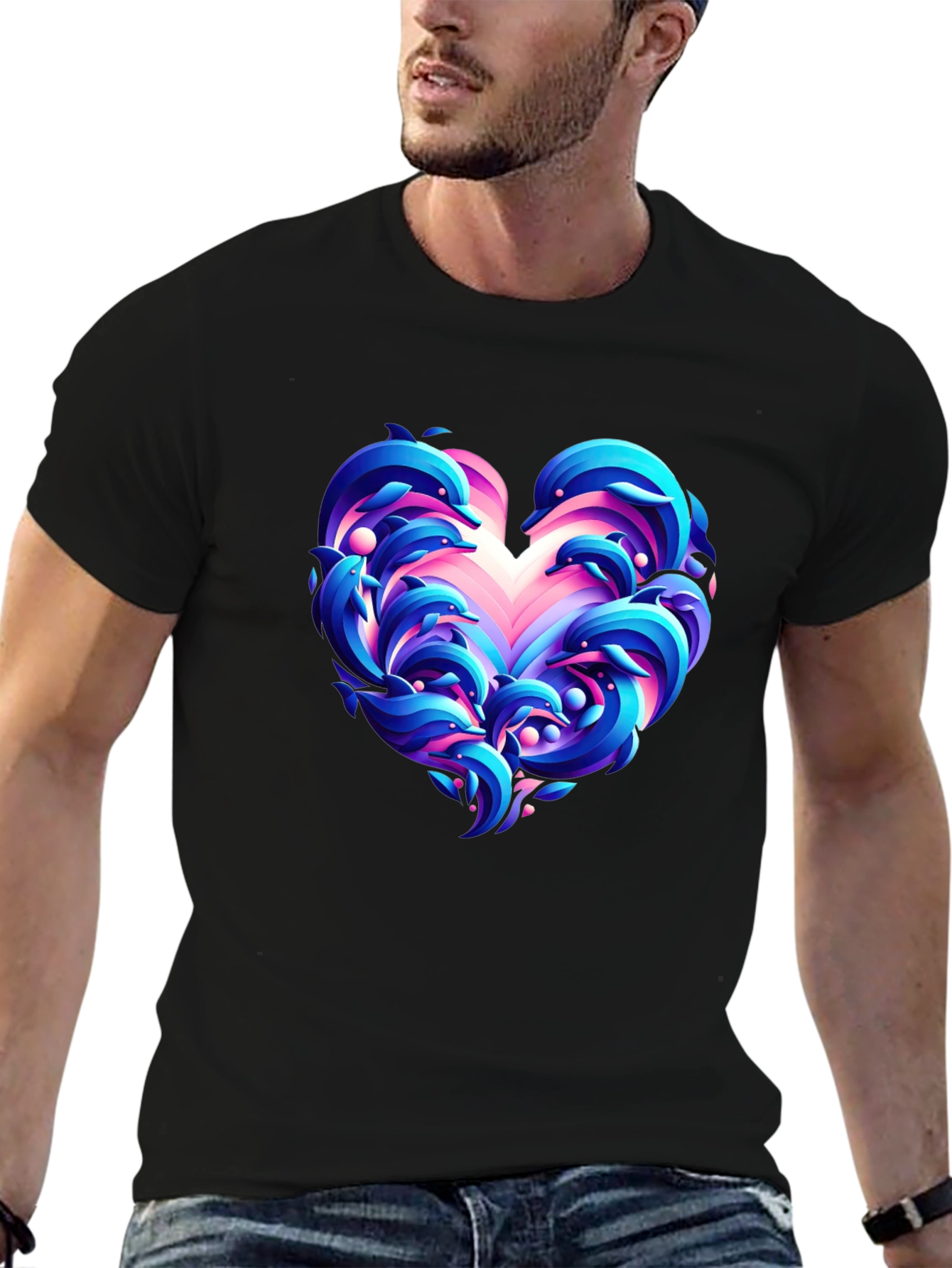 Dolphin Heart Graphic Black T-Shirt