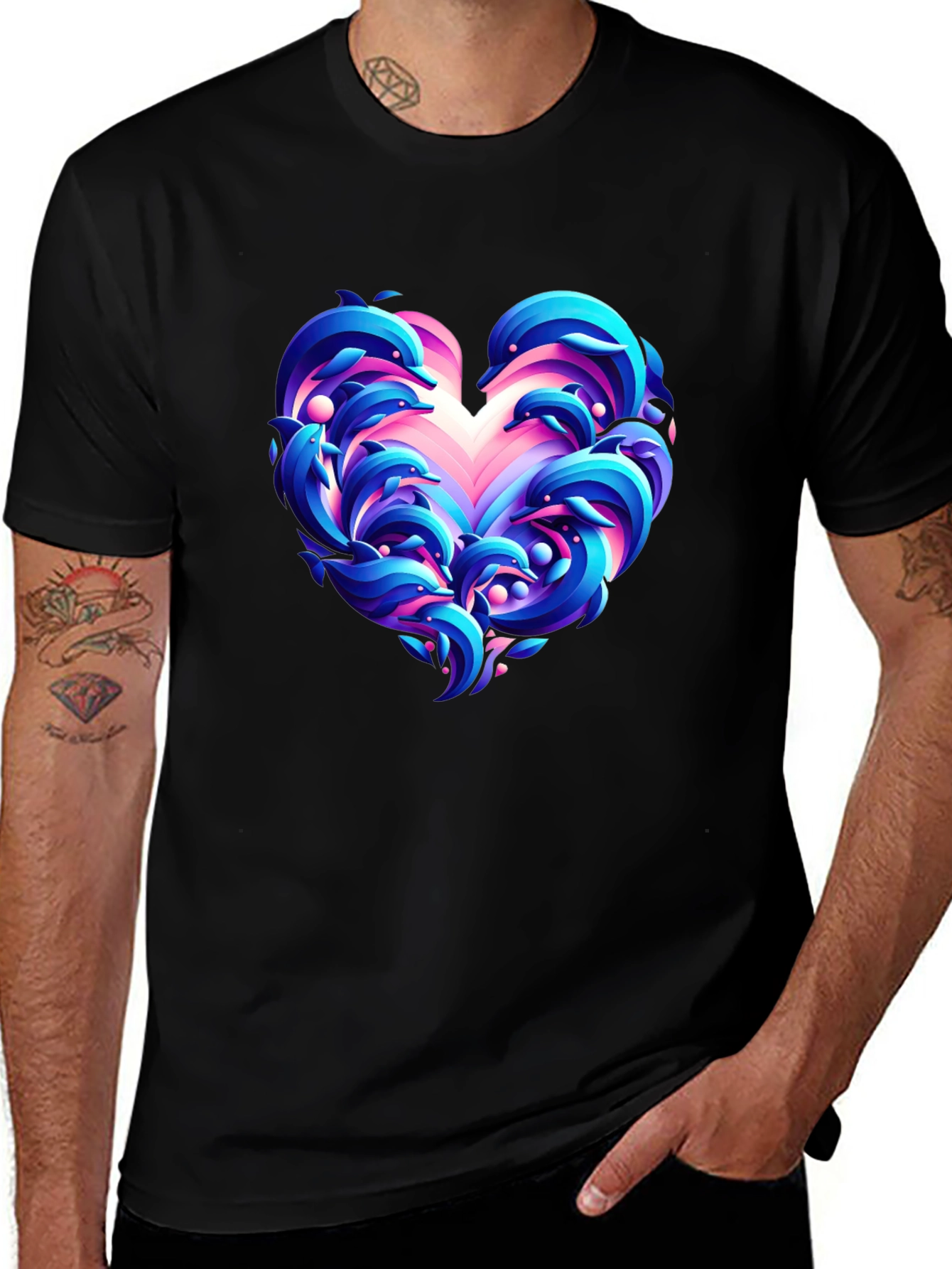 Dolphin Heart Graphic Black T-Shirt
