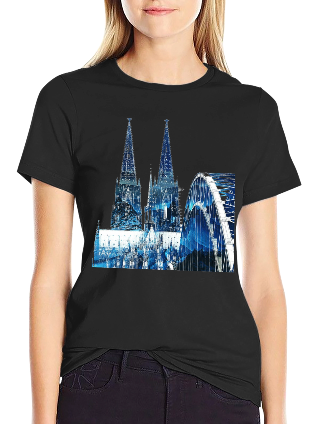 Cologne Cathedral & Bridge Graphic Black T-Shirt