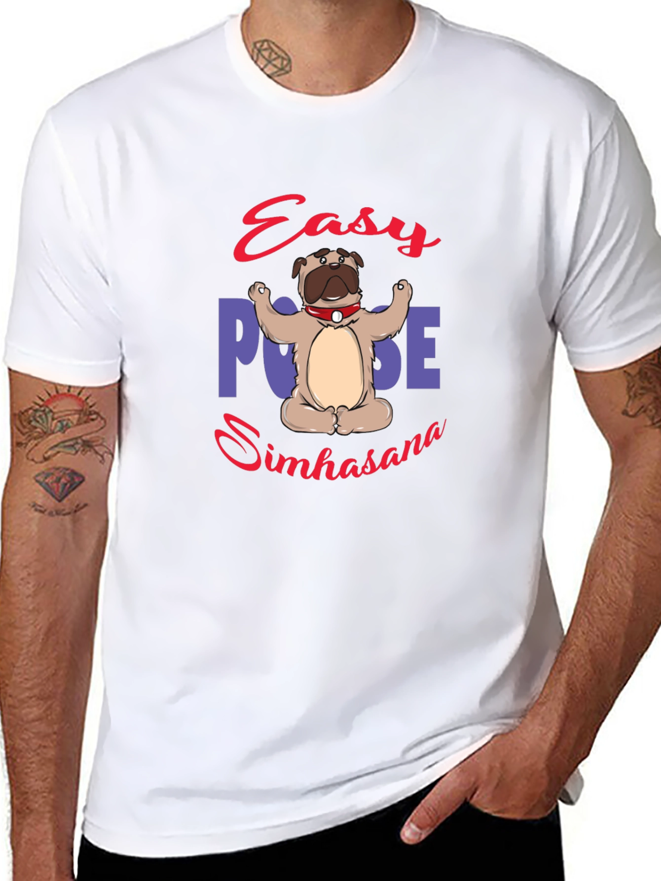 Yoga Pug Black T-Shirt - Easy Pose Simhasana