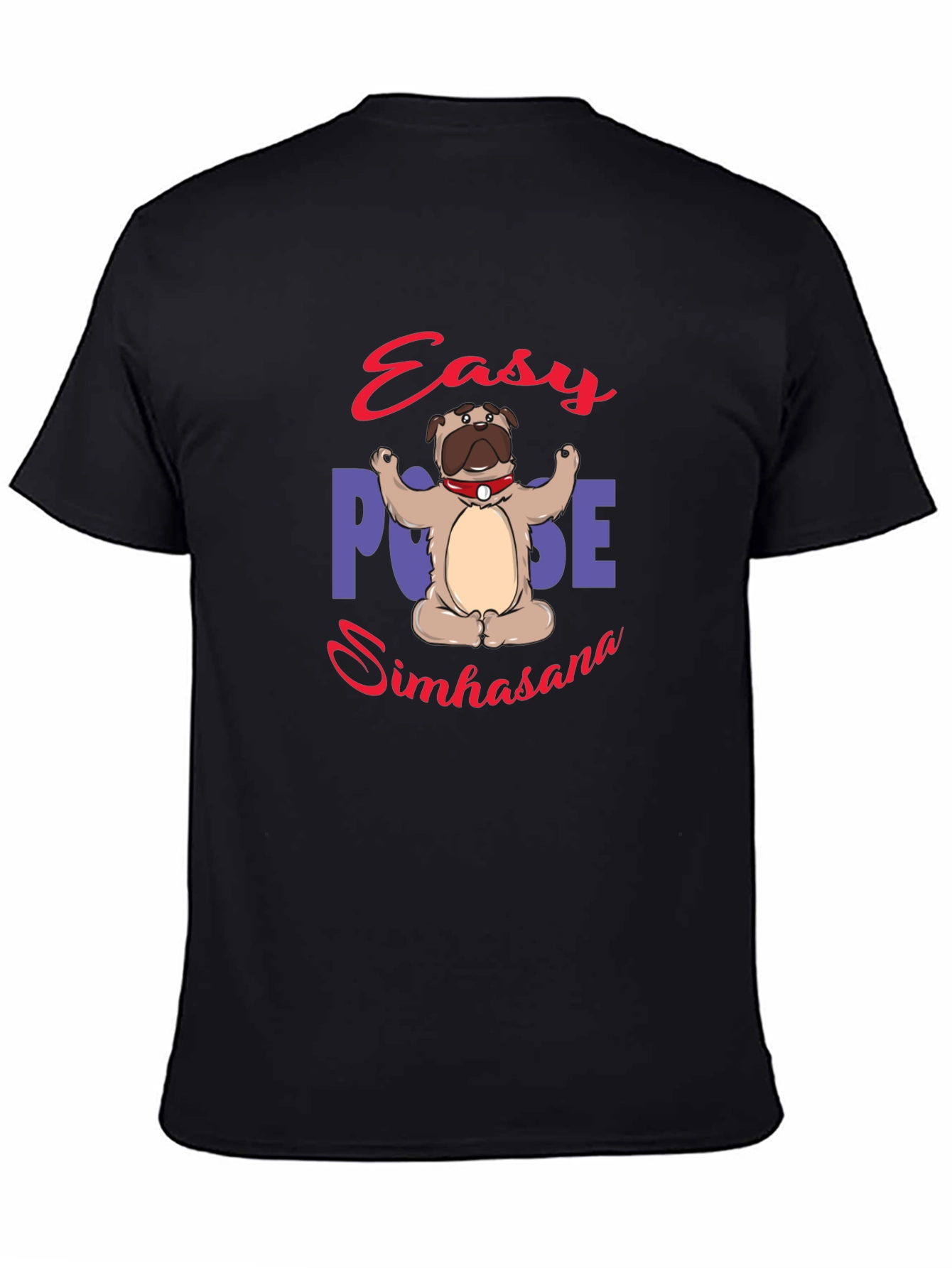 Yoga Pug Black T-Shirt - Easy Pose Simhasana
