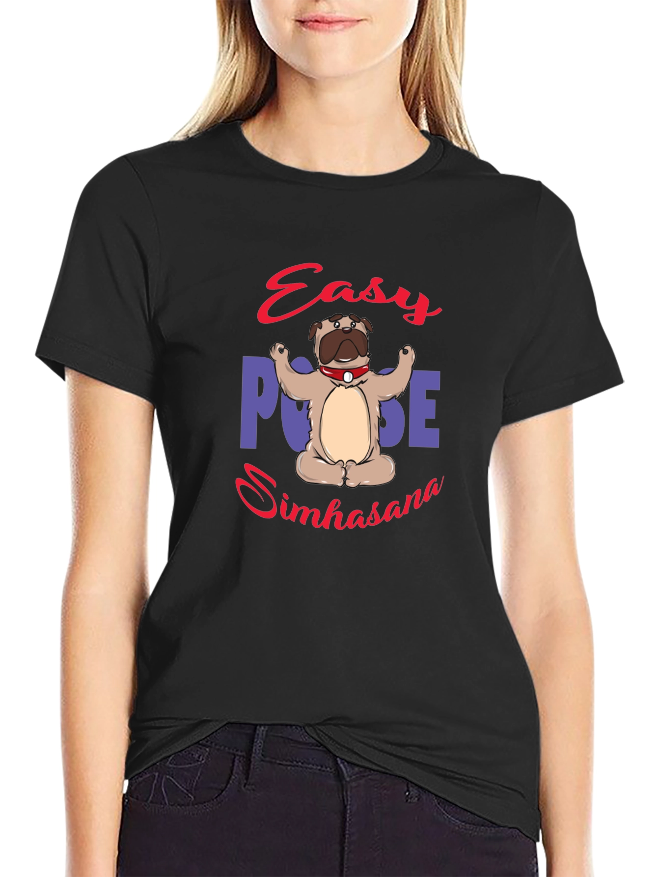 Yoga Pug Black T-Shirt - Easy Pose Simhasana