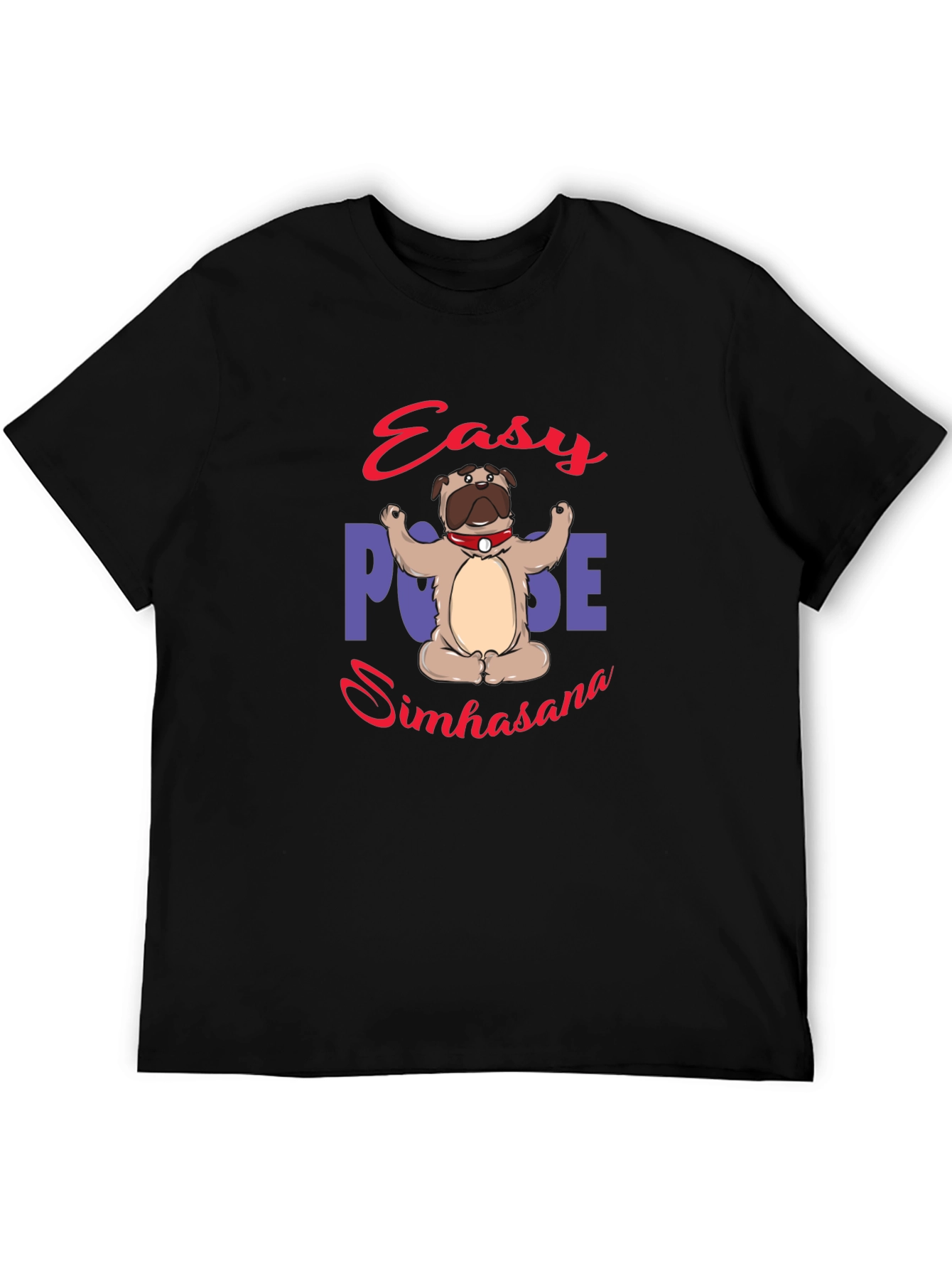 Yoga Pug Black T-Shirt - Easy Pose Simhasana